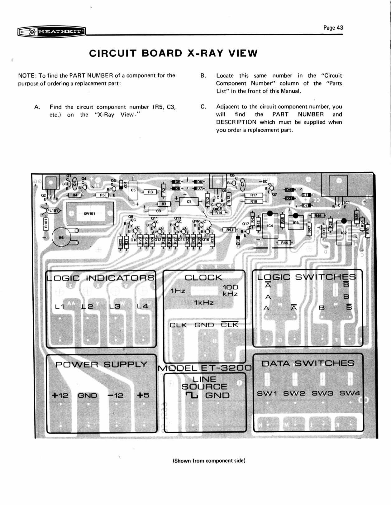 Figure 9 — The Circuit Board X-Ray View, drawn from the component side. The small components (the regulators Q1–Q8, the LED drivers Q9–Q16, IC2–IC4 and the 7805 at upper right) sit in a strip along the top of…