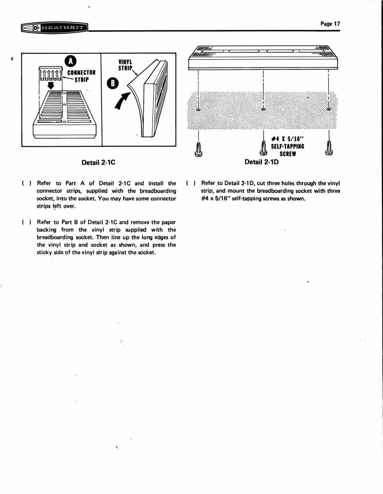 Figure 6 — Details 2-1C and 2-1D: pushing the contact strips into the breadboarding socket, pressing on its self-adhesive vinyl backing, and screwing the socket to the board through three holes cut in the vinyl.