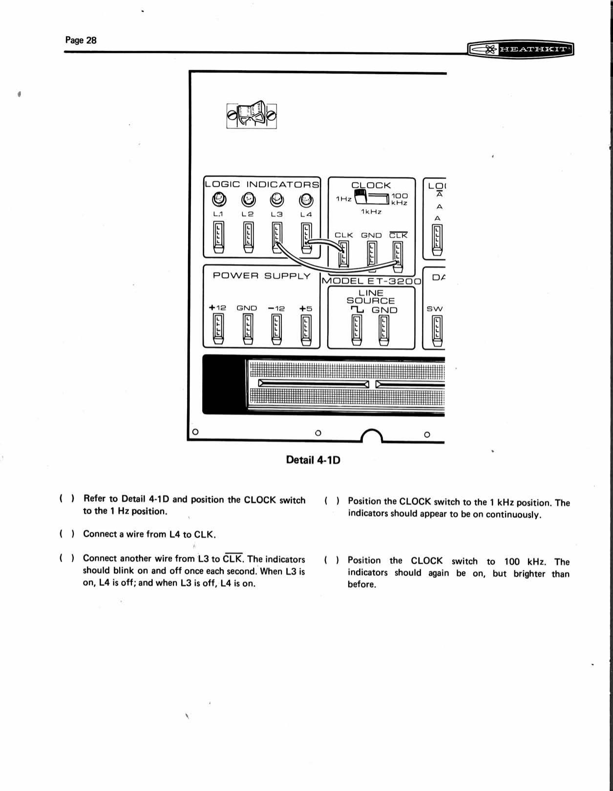 Figure 12 — Detail 4-1D of the test sequence: two wires from L3 and L4 to the CLK and CLK̄ blocks, clock switch at 1 Hz, the indicators blinking alternately. The same pair of wires tests every function on the …