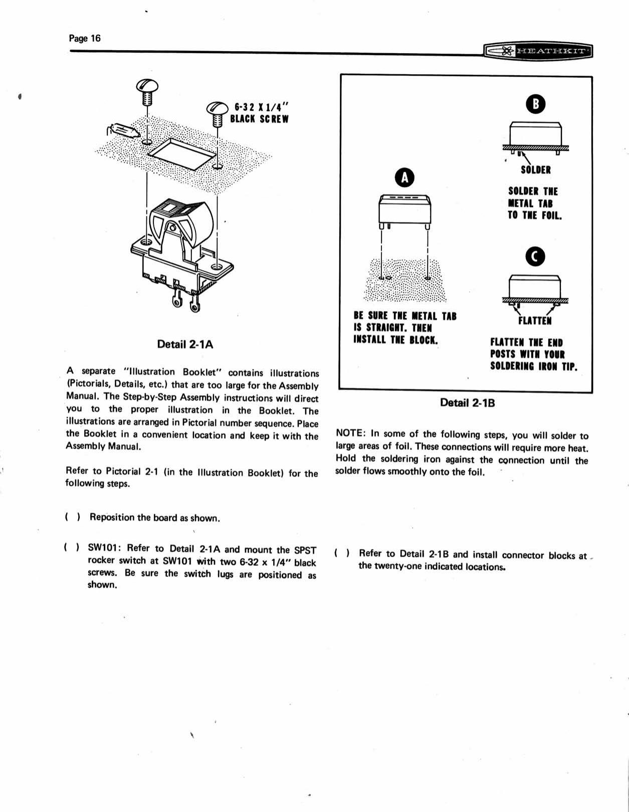 Figure 5 — Details 2-1A and 2-1B: mounting the rocker power switch SW101, and fitting a connector block. Straighten the metal tab and insert the block, solder the tab to the foil, then "flatten the end posts …