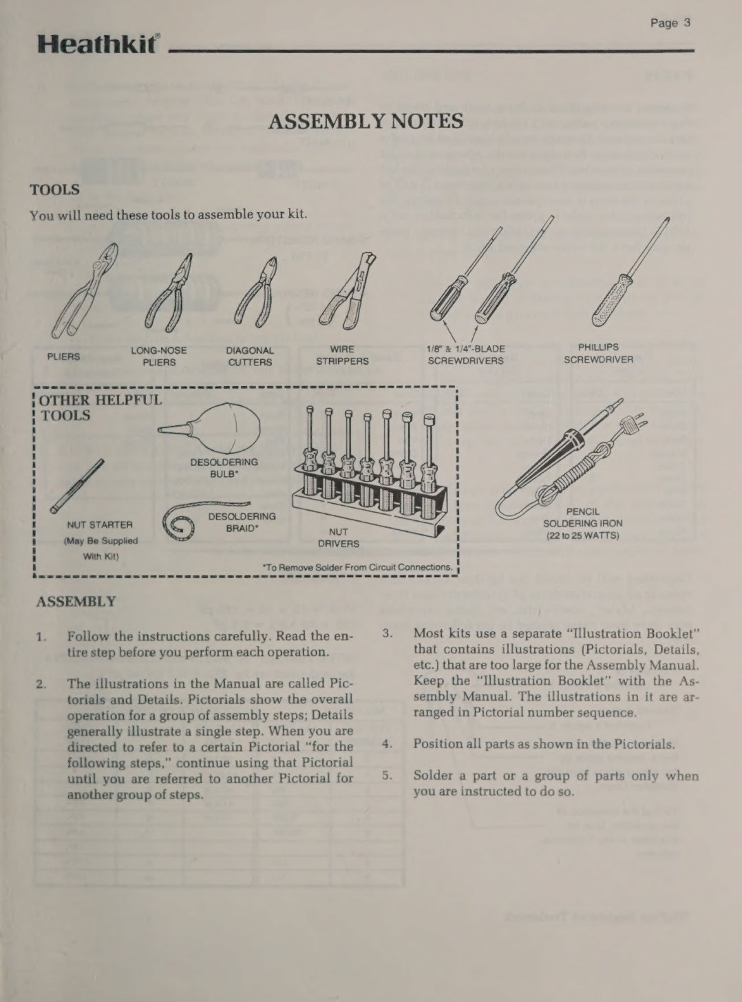 Figure 14 — The 1983 ET-3200B manual's Assembly Notes page: the tools needed (pliers, cutters, wire strippers, screwdrivers, a 22–25 W soldering iron) and "other helpful tools" including a desoldering bulb, de…