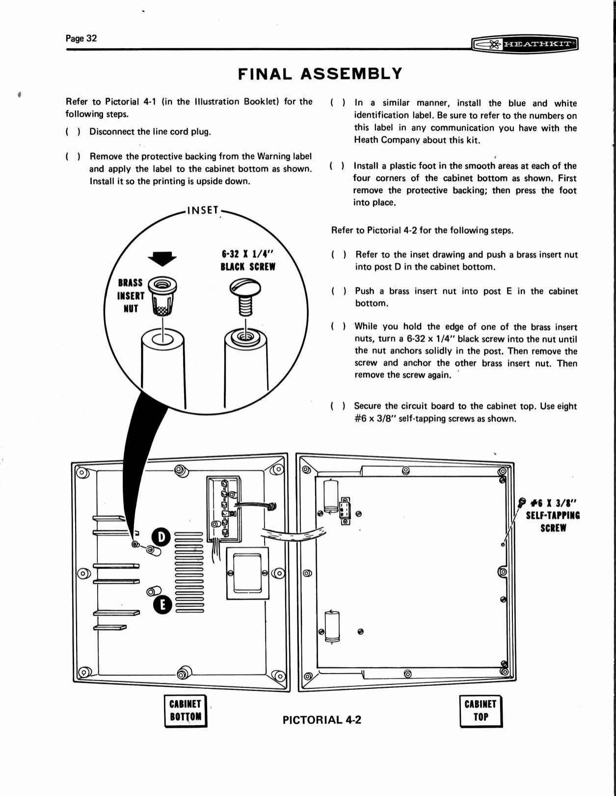 Figure 13 — Final Assembly, Pictorial 4-2: the cabinet bottom with its moulded terminal-strip box and transformer, and the cabinet top upside down with the circuit board screwed to it. The brass insert nuts go…