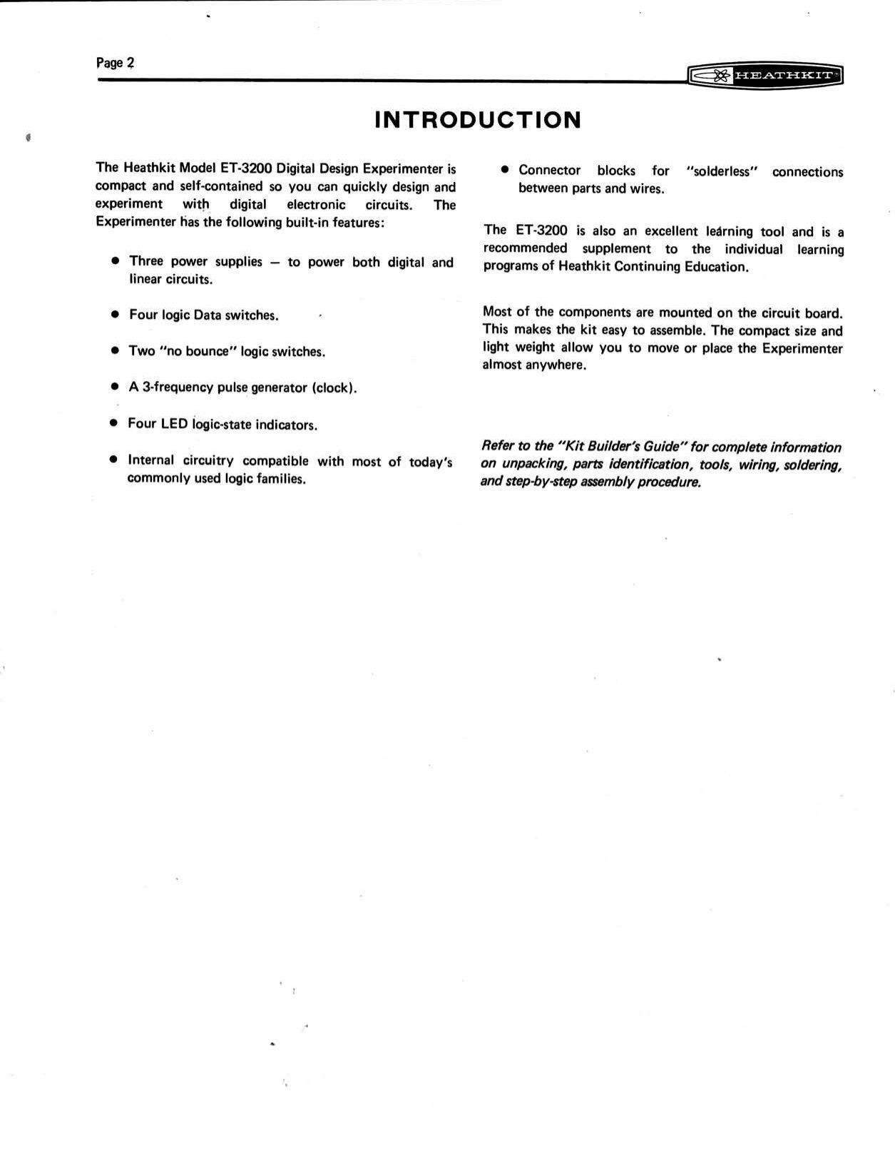 Figure 2 — The manual's Introduction (p. 2): the features in a bulleted list, the note that the ET-3200 "is a recommended supplement to the individual learning programs of Heathkit Continuing Education", and …