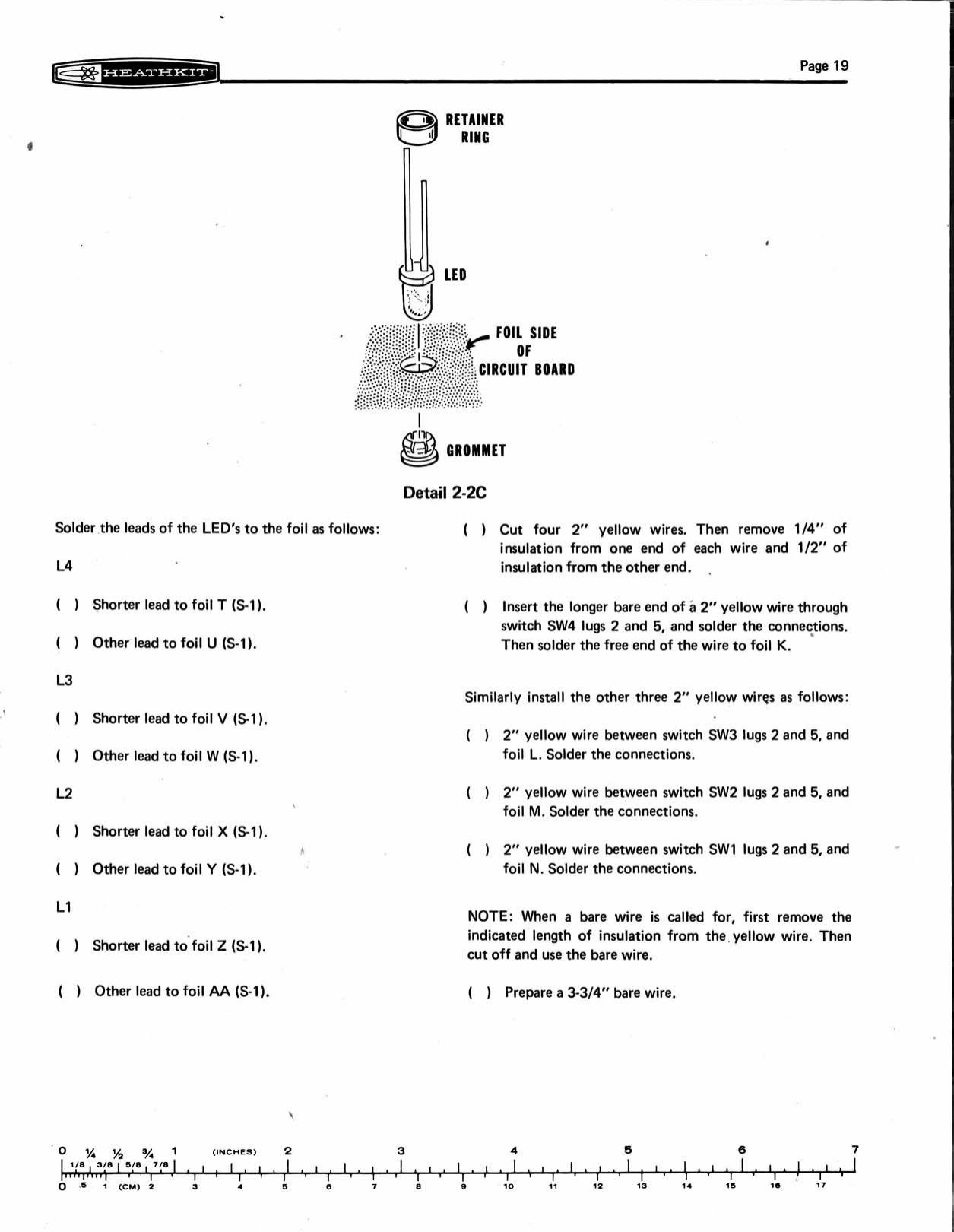 Figure 8 — Details 2-2B and 2-2C: trimming the LED lead nearest the flat to 5/8 inch, and mounting the LED in a grommet held by a retainer ring. The step list begins the foil-side wiring of the data switches.