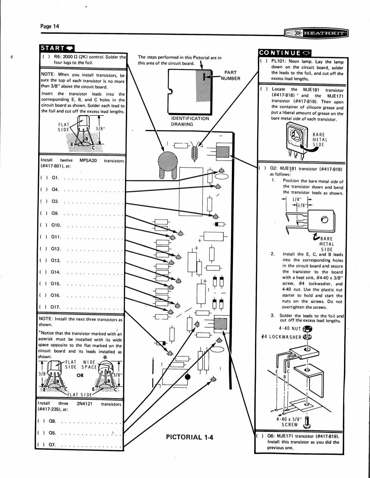 Figure 4 — Pictorial 1-4: the transistor page. The inset shows the MJE181 bent flat against its heat sink with a 4-40 screw, lockwasher and nut; the note at centre warns that the 2N4121s go in with their wide…