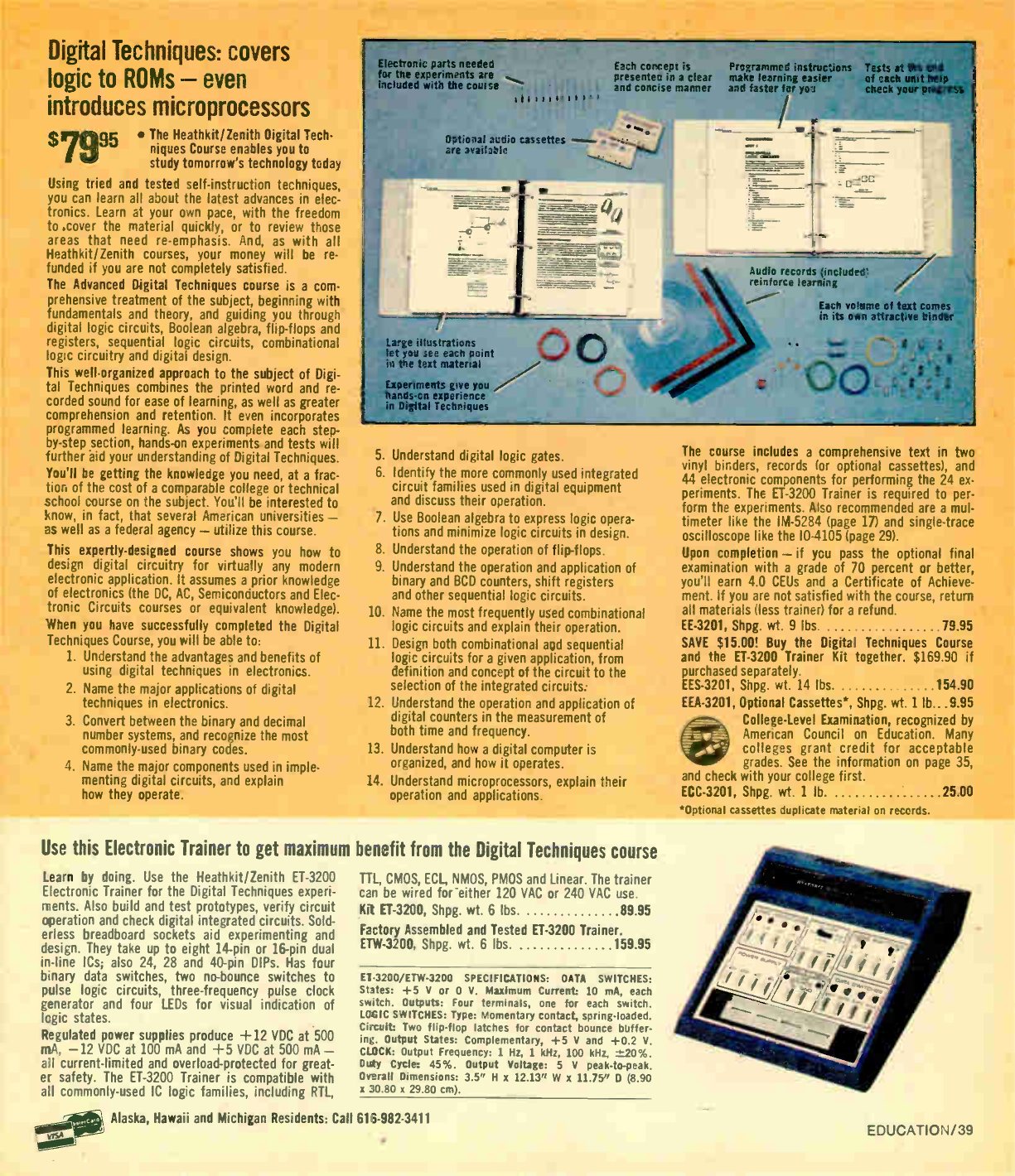 Figure 2 — Winter 1981: the Digital Techniques course at $79.95, with its two-binder text, records and experiment parts photographed, and the ET-3200 trainer ($89.95 kit, $159.95 wired) with a full specificat…