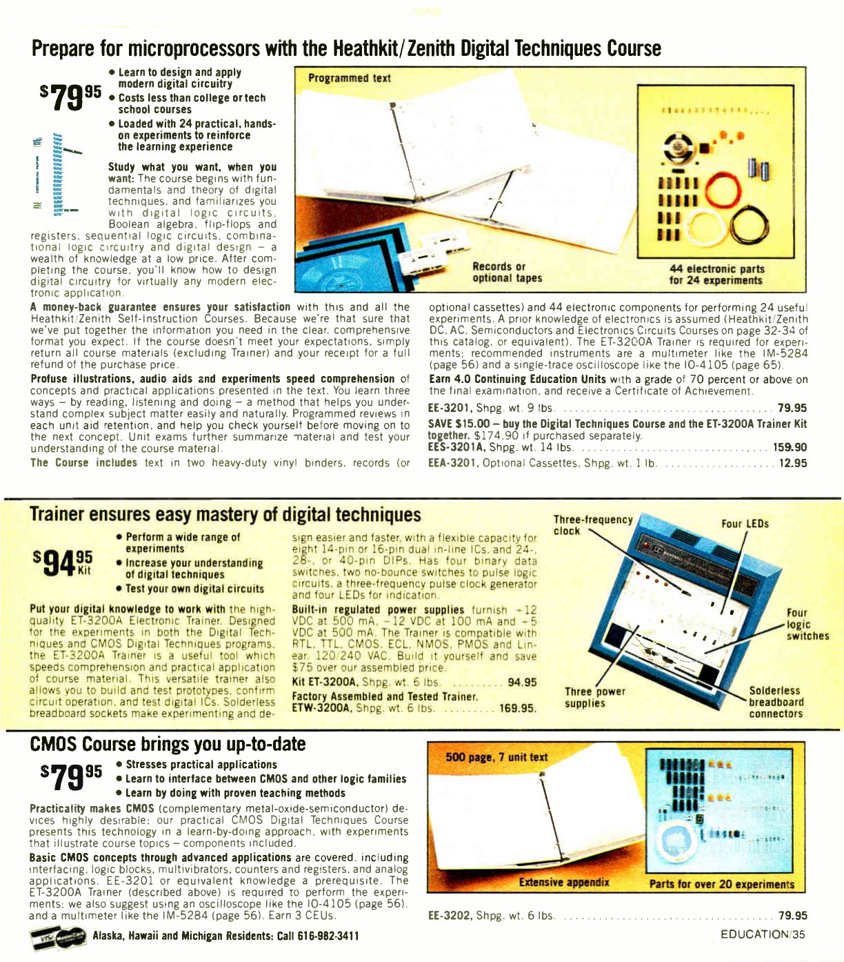 Figure 15 — Christmas 1982: "Prepare for microprocessors with the Heathkit/Zenith Digital Techniques Course" ($79.95), the ET-3200A trainer ($94.95 kit, $169.95 wired) and the CMOS course ($79.95), all on one …