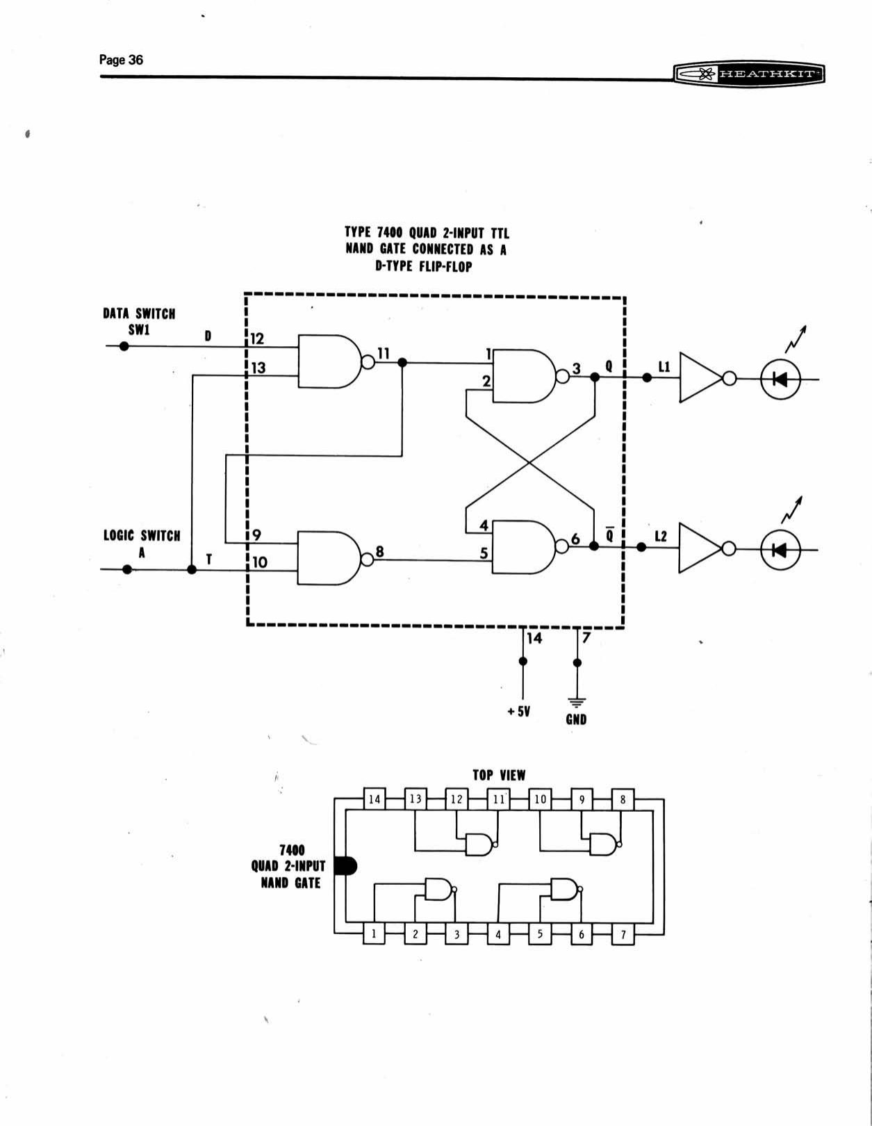 Figure 12 — The logic of the Wiring Example: "Type 7400 quad 2-input TTL NAND gate connected as a D-type flip-flop", with the D input from SW1, the T (clock) input from logic switch A, and Q and Q̄ to L1 and L…