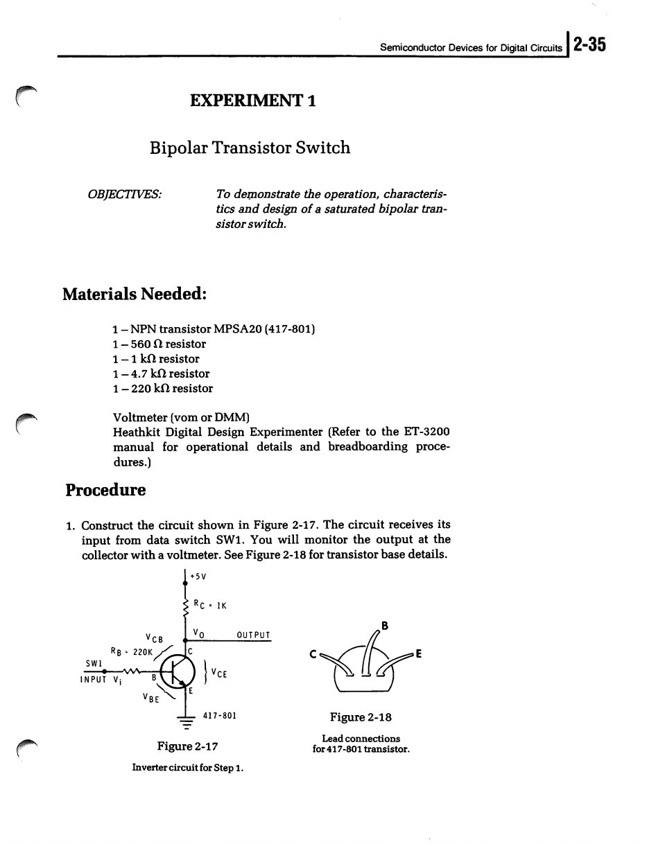 Figure 8 — Experiment 1, "Bipolar Transistor Switch": the objectives, a materials list ending with "Heathkit Digital Design Experimenter (Refer to the ET-3200 manual for operational details and breadboarding …
