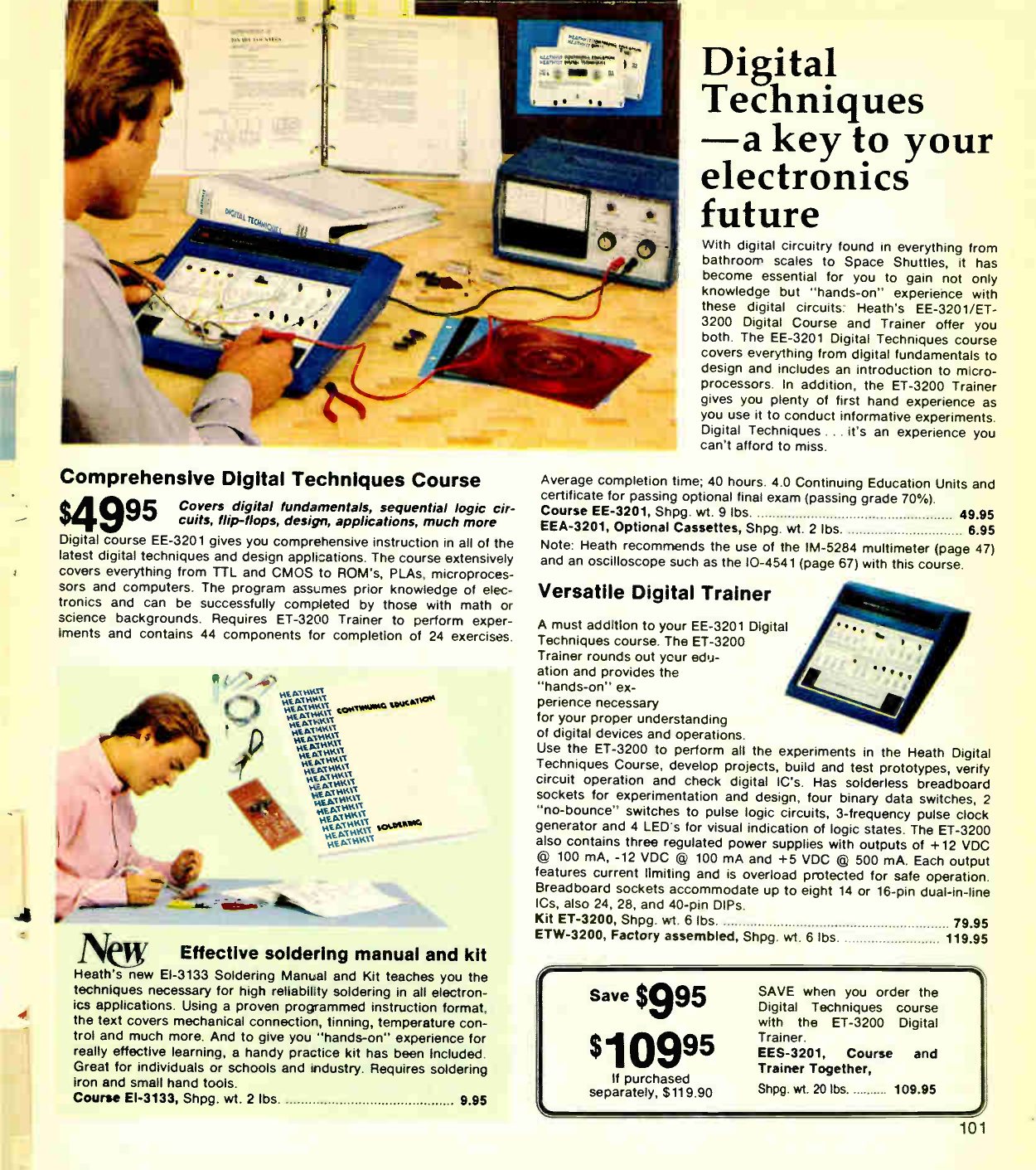 Figure 2 — The facing page of the same catalogue: "Digital Techniques—a key to your electronics future". The ET-3200 is here at $79.95 kit and $119.95 assembled, so the digital course and trainer and their mi…