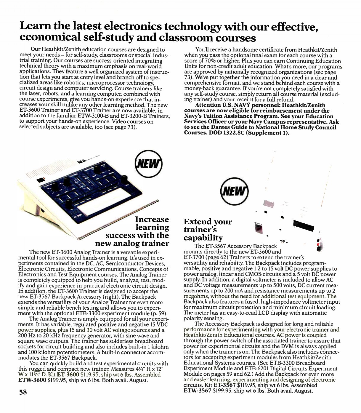 Figure 6 — Fall 1987: the new ET-3600 analog trainer ($119.95) and the ET-3567 Backpack accessory, which extended both new trainers for bench testing and accepted plug-in experiment modules. The copy notes th…