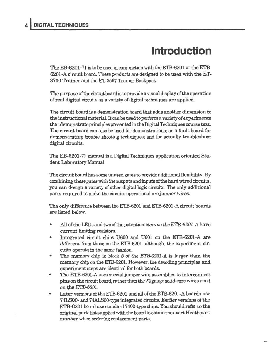 Figure 9 — The lab manual's introduction: the book "is to be used in conjunction with the ETB-6201 or the ETB-6201-A circuit board. These products are designed to be used with the ET-3700 Trainer and the ET-3…