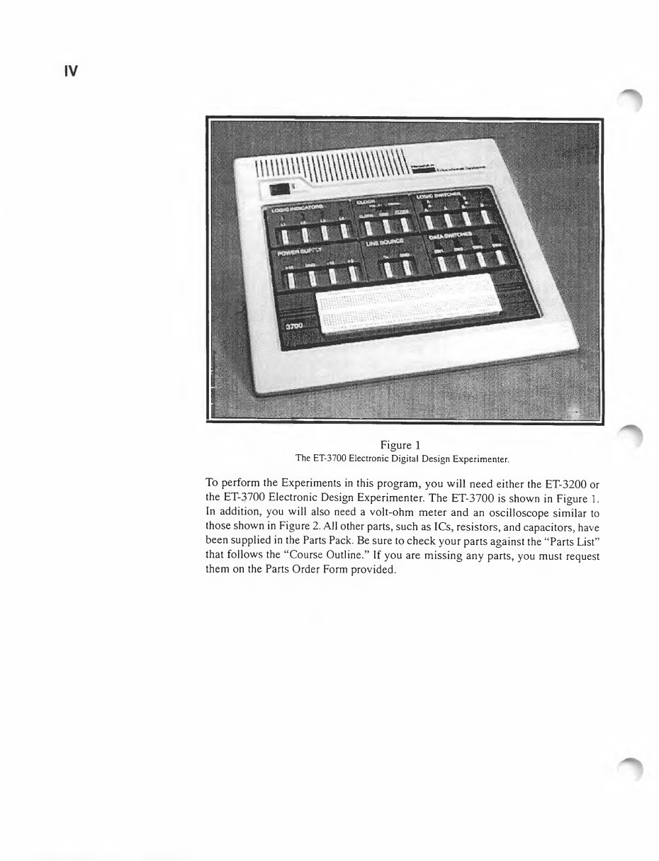 Figure 7 — "The ET-3700 Electronic Digital Design Experimenter", from the preface of the later Digital Techniques text. The panel keeps the ET-3200's groups (logic indicators, clock, logic switches, power sup…