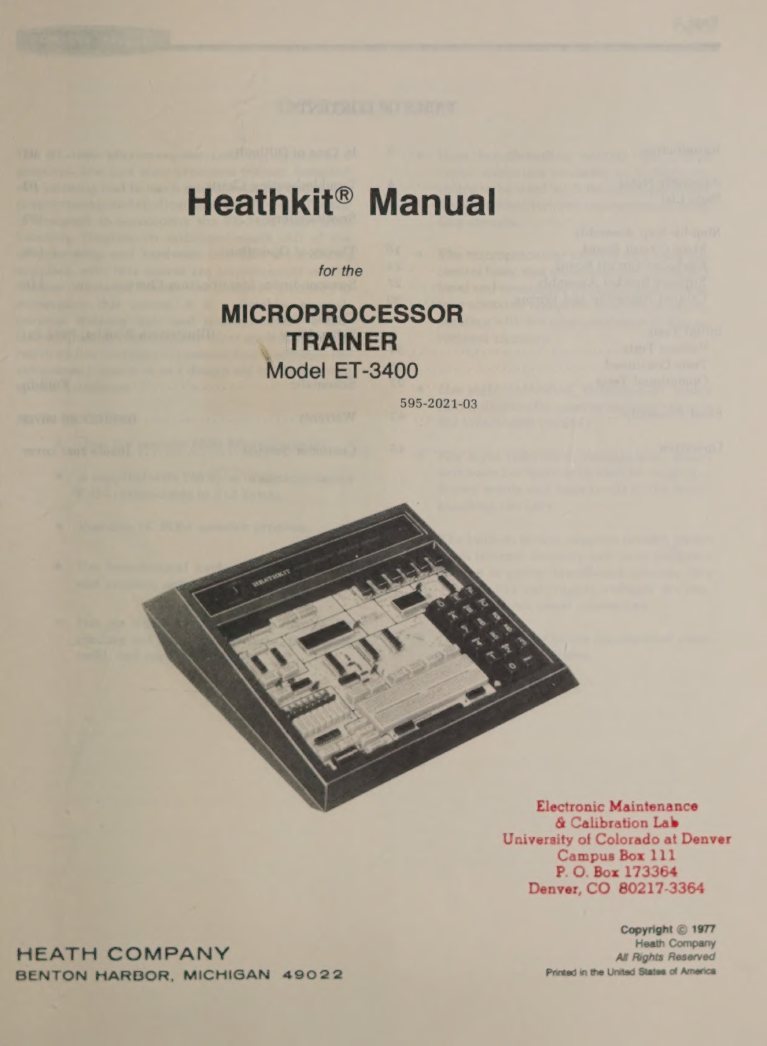 Figure 4 — Title page of the ET-3400 manual, 595-2021-03, © 1977, with a drawing of the trainer. This copy carries the stamp of a university electronics maintenance laboratory, a reminder of where many of the…