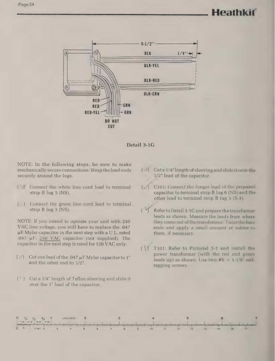 Figure 1 — The ET-3200B's mains wiring steps: the toroid coil L101 on terminal strip B, the green (ground) lead of the three-wire cord, and the 0.047 µF across-the-line capacitor C101, with the warning that i…