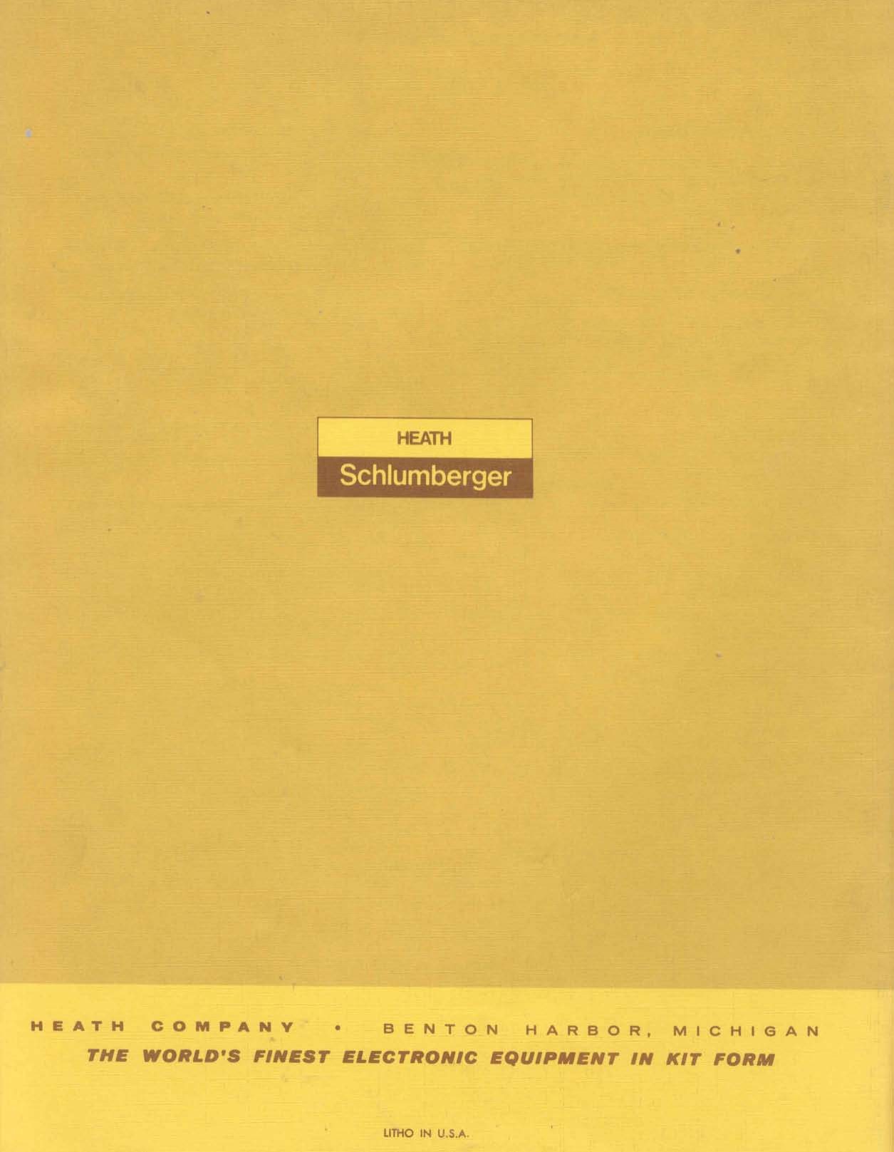 Figure 3 — Back cover of the 1975 manual: "Heath Schlumberger" and "The world's finest electronic equipment in kit form". Heath was then a Schlumberger subsidiary; the warranty inside names the Heathkit Elect…