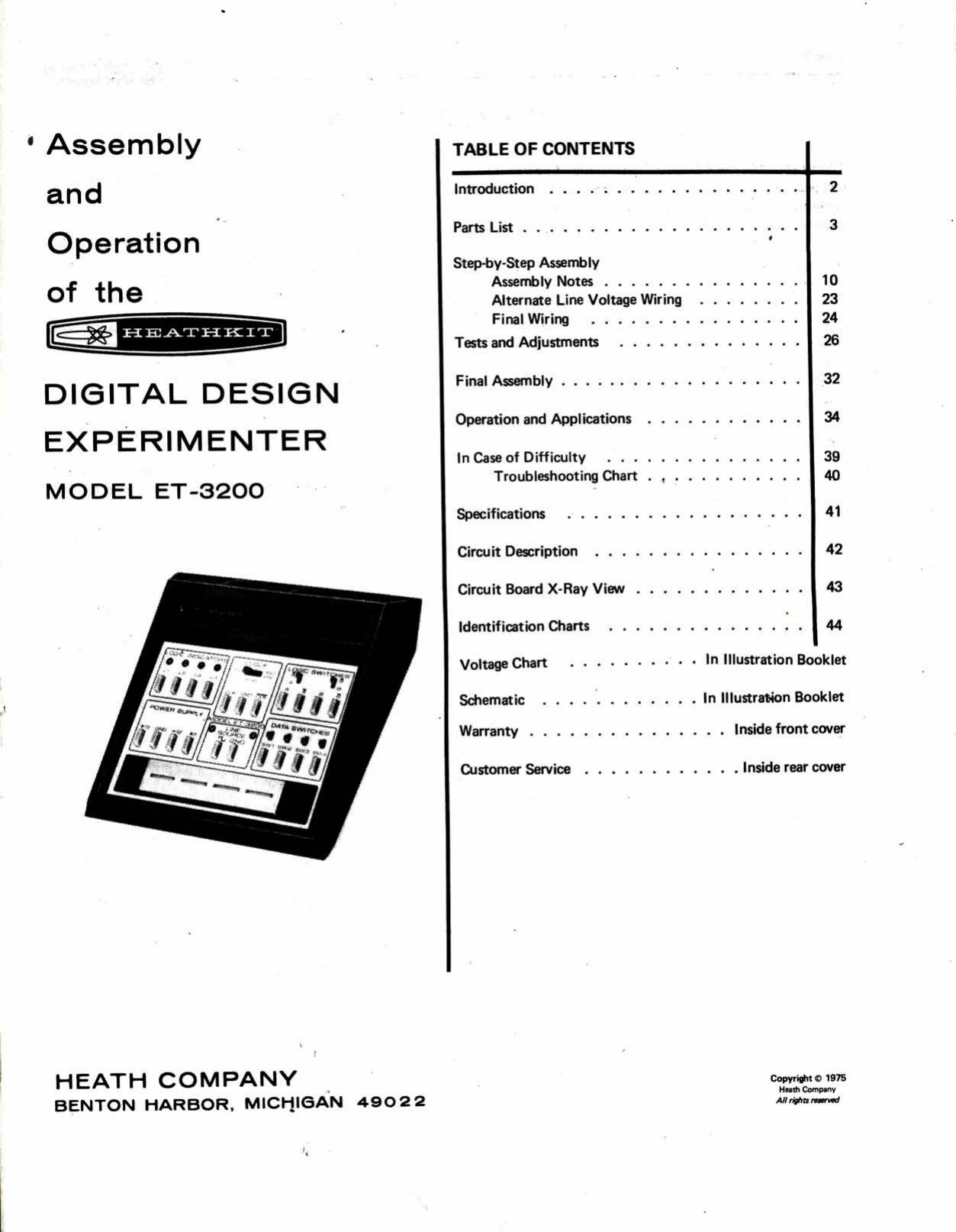 Figure 2 — Title page and table of contents of the 1975 manual: "Assembly and Operation of the Heathkit Digital Design Experimenter Model ET-3200", with a small drawing of the trainer and the copyright line a…