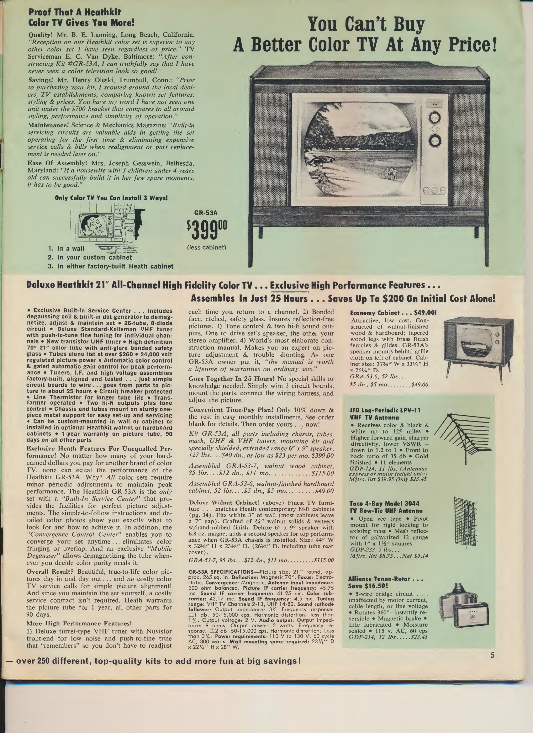 Figure 5 — The GR-53A at $399.00 in March 1965 — Heath's first colour television, a 21-inch round tube with a built-in dot generator and convergence panel. The testimonials include a Baltimore television serv…