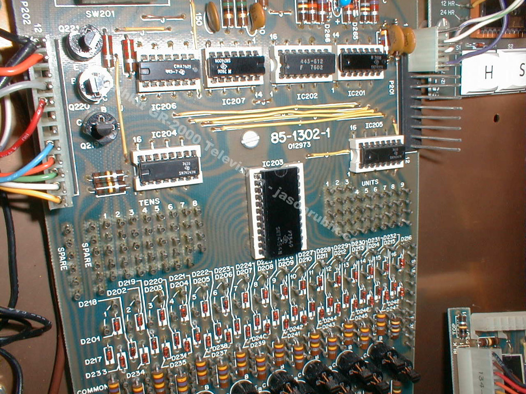 Figure 8 — The channel-selection board in a built set, Heath part 85-1302-1. The rows of pins at the bottom are the TENS, ONES and SPARE fields, and the diodes and resistors above them belong to the sixteen s…