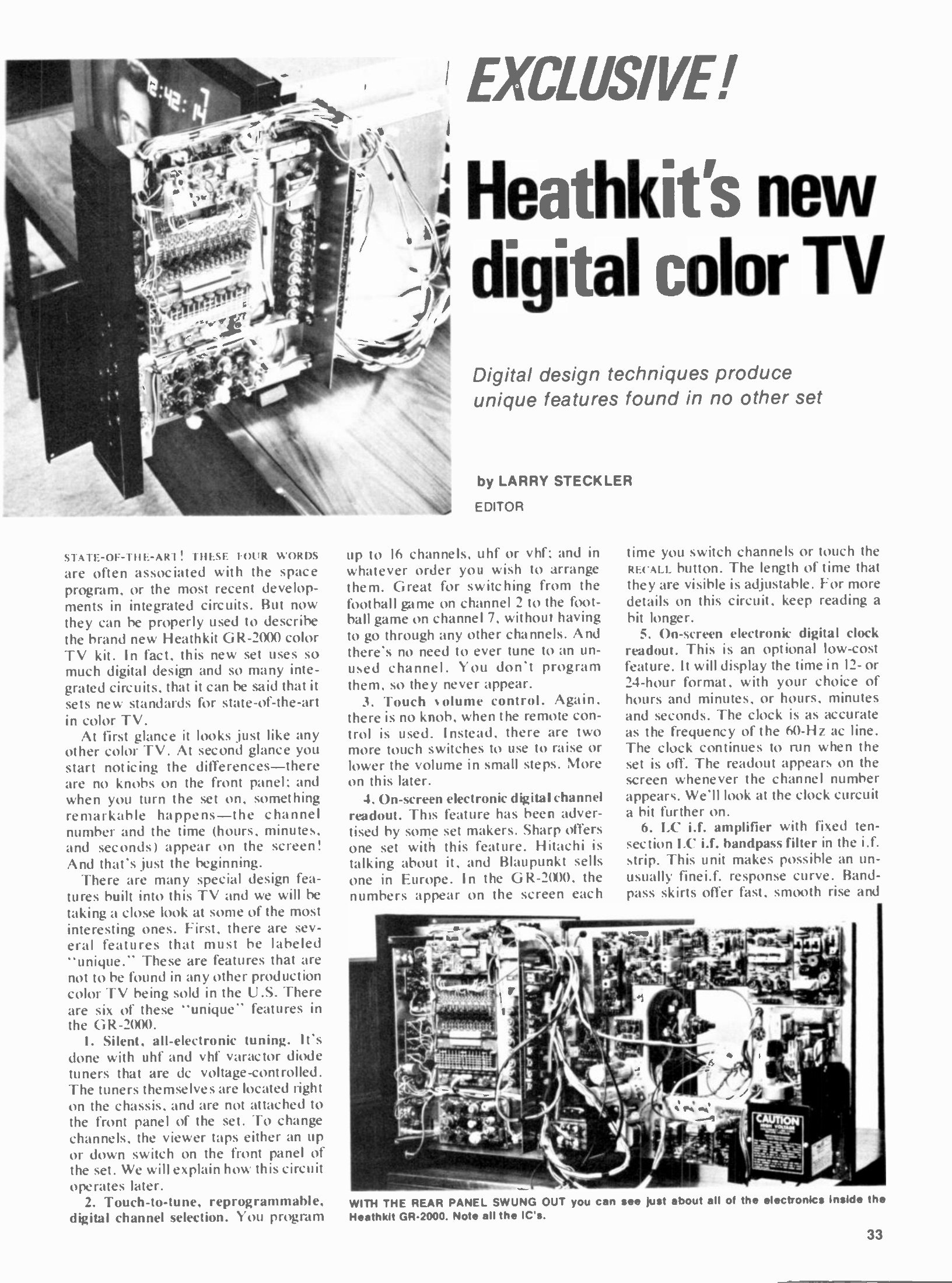 Figure 1 — "Heathkit's new digital color TV": the opening of Larry Steckler's review in Radio-Electronics, February 1974, the fullest technical account of the chassis published at the time. The photograph sho…