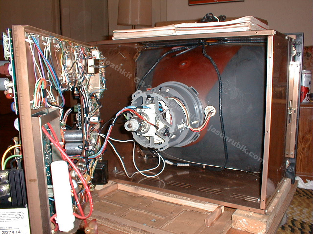 Figure 5 — Inside a built GR-2000: the picture tube in its Magna-Shield enclosure, with the deflection yoke, the convergence assembly and the purity rings on the neck.