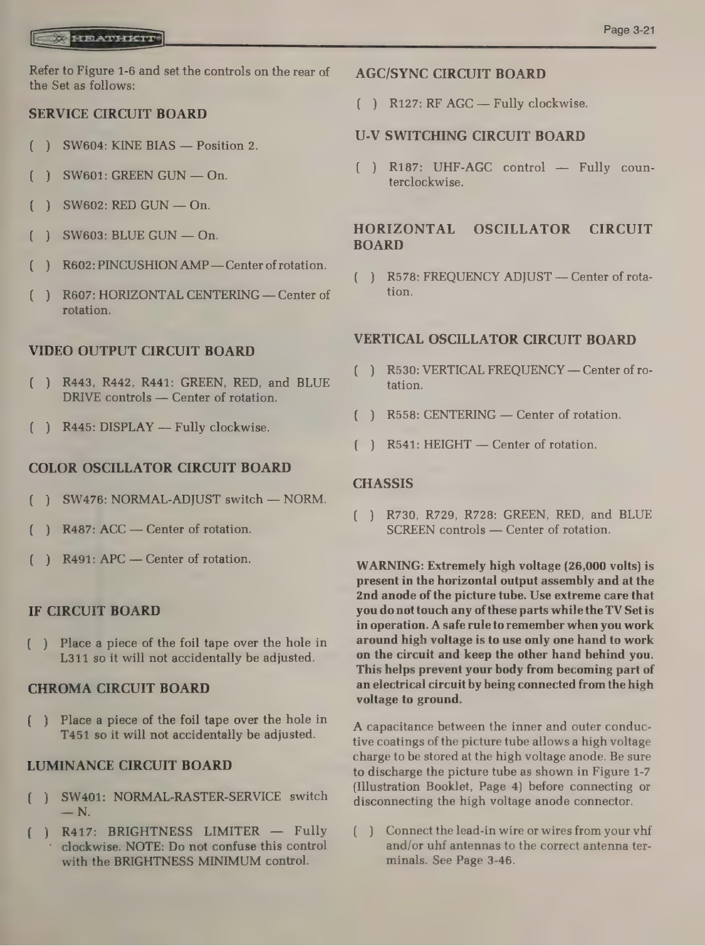 Figure 2 — The high-voltage warning as Heath printed it, in the middle of the screen-control adjustments where a builder would be reaching into the chassis with the set running.