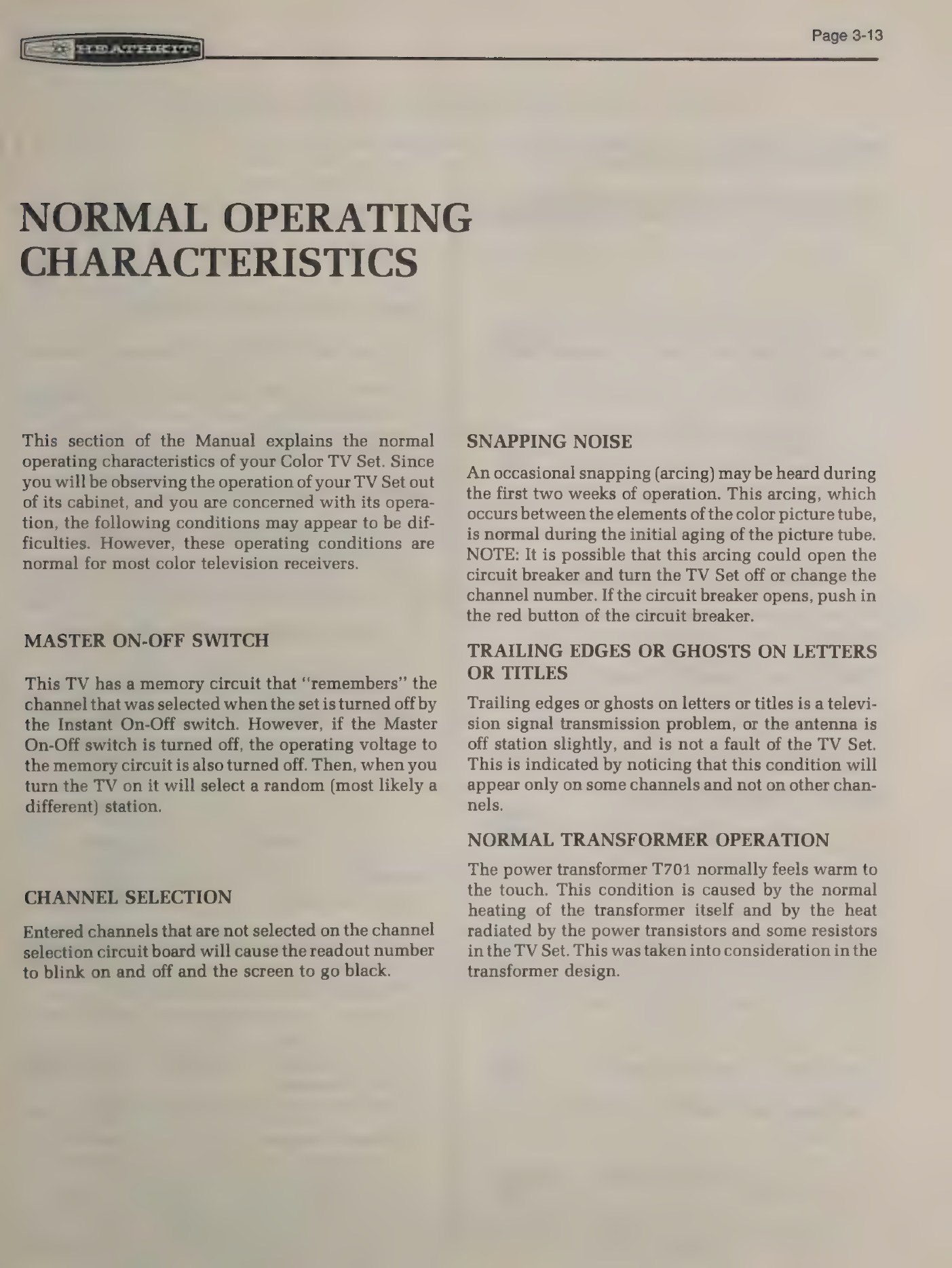 Figure 7 — "Normal operating characteristics": Heath's list of the behaviour that looks like a fault and is not — the snapping of a new picture tube, the channel number that blinks on an unprogrammed channel,…