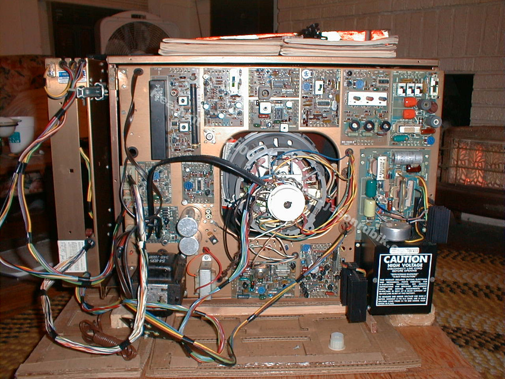 Figure 4 — The whole rear of a GR-2000 with the panel open: twenty boards, the yoke and convergence assembly on the tube neck, and the high-voltage cage at the right of the chassis. Everything in this photogr…