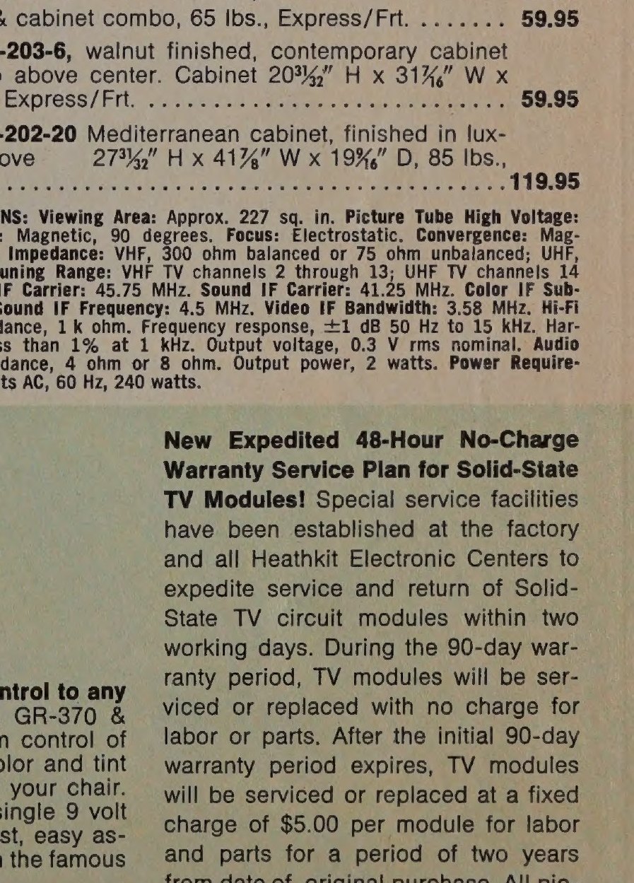 Figure 4 — The module service that underwrote the whole modular design, as offered in 1972: 48-hour exchange at the factory and at every Heathkit Electronic Center, free within the 90-day warranty and $5.00 p…