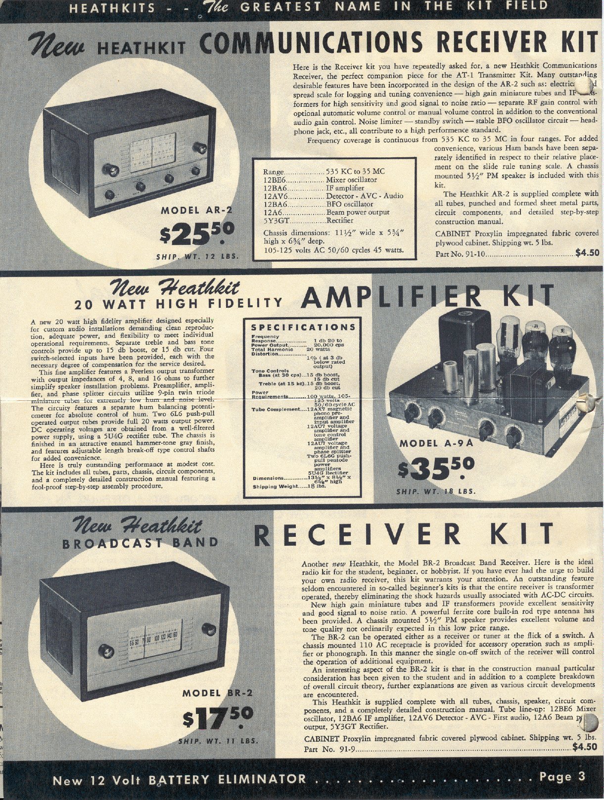 Figure 5 — The AR-2 communications receiver in the summer 1953 flyer, "the perfect companion piece for the AT-1 Transmitter Kit", at $25.50. It covered 535 kHz to 35 MHz in four ranges, with the amateur bands…