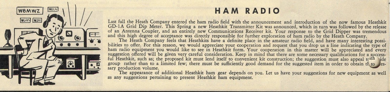 Figure 2 — "Ham Radio": Heath's own account of its entry into amateur radio, from the flyer that World Radio History files as "Summer 1951" but which internal evidence dates to the summer of 1953. The grid di…