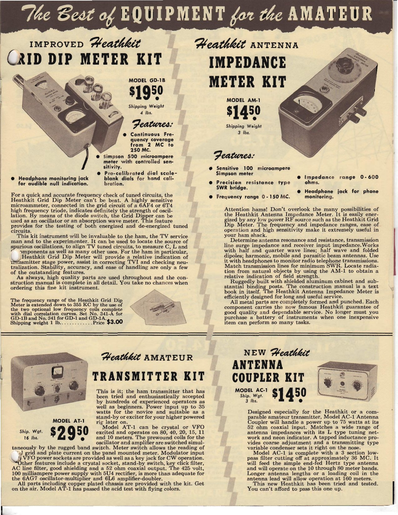 Figure 6 — "The Best of Equipment for the Amateur", the whole of Heath's ham line in the Winter 1954 flyer: the improved GD-1B grid dipper, the AM-1 antenna impedance meter, the AT-1 transmitter and the AC-1 …