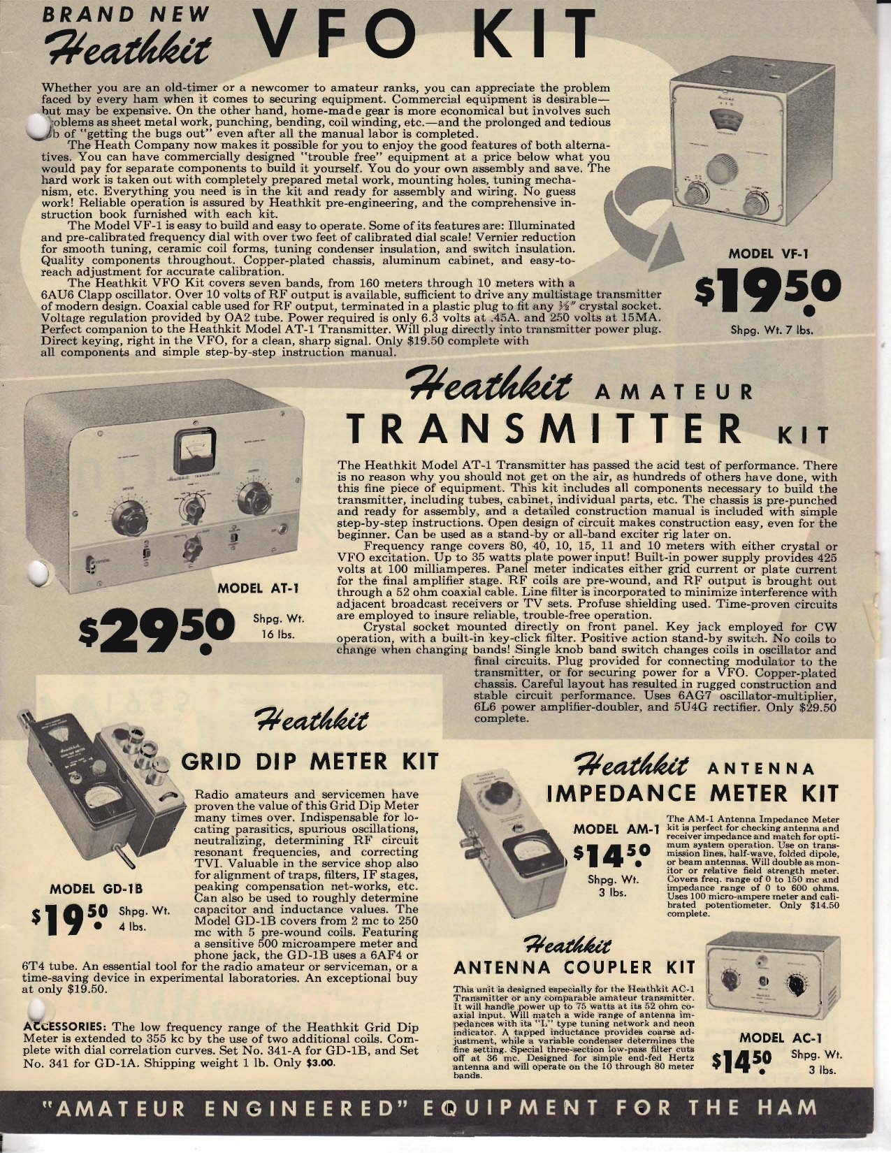 Figure 7 — The Fall 1955 flyer's amateur page: the VF-1 VFO ("brand new", $19.50), the AT-1 transmitter ($29.50), the GD-1B grid dipper, the AM-1 impedance meter and the AC-1 coupler, under the banner "'Amate…