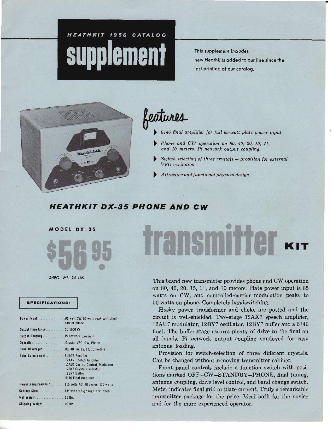 Figure 9 — The 1956 catalogue supplement introducing the DX-35 phone and CW transmitter at $56.95, with a single 6146 final and three switch-selected crystals. It was the first rung below the DX-100 on Heath'…