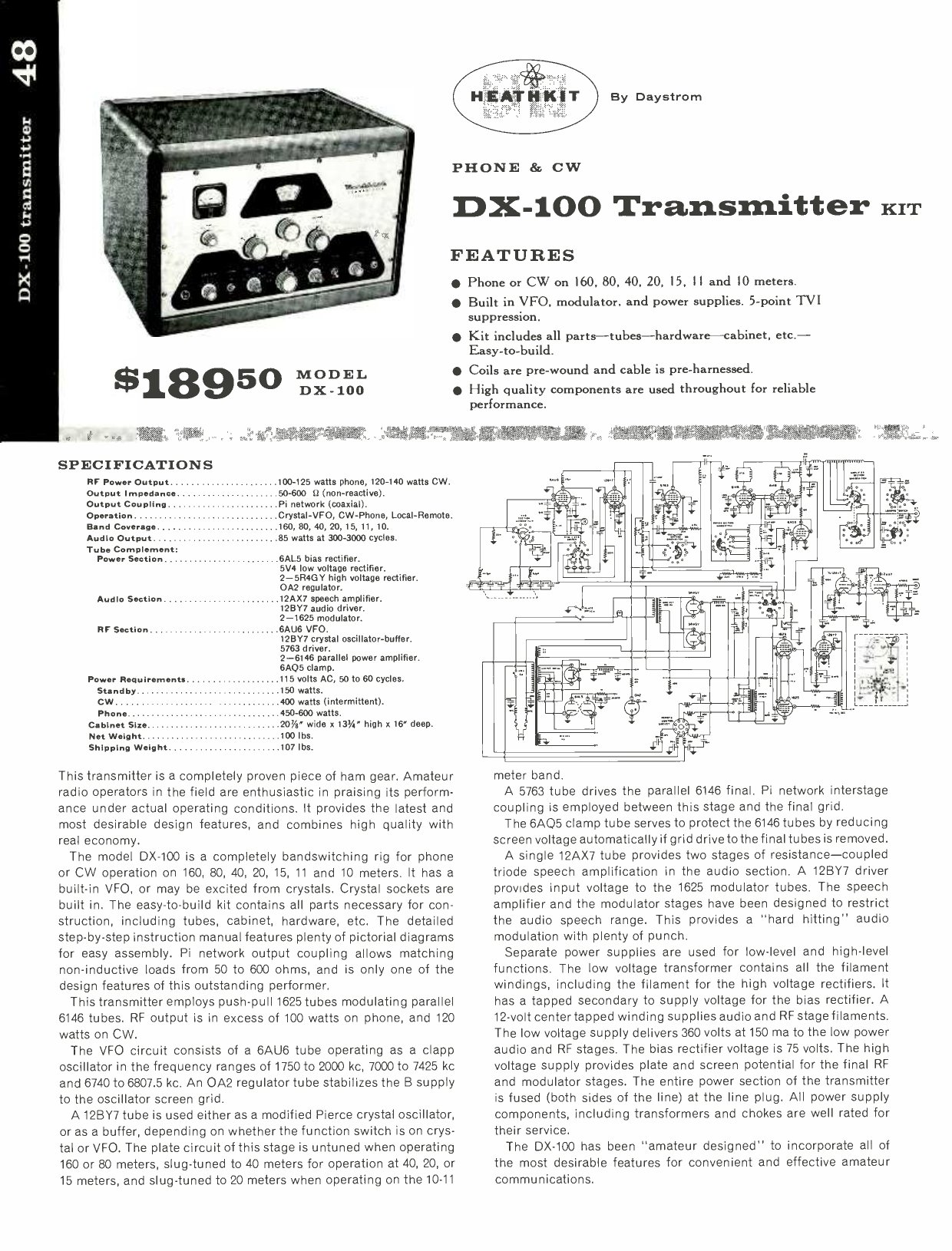 Figure 8 — The DX-100 in the 1958 catalogue, three years after its launch and still $189.50: phone or CW on 160 through 10 metres, a built-in VFO, modulator and power supplies, and "5-point TVI suppression". …