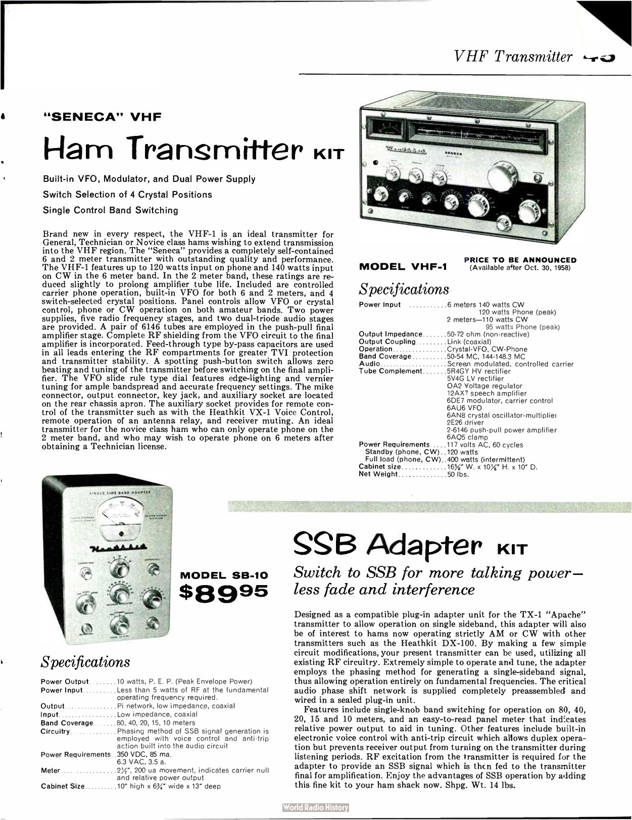 Figure 2 — The VHF-1 "Seneca" six- and two-metre transmitter, its price "to be announced", and the SB-10 SSB adapter at $89.95, "switch to SSB for more talking power". The SB-10 plugged into the Apache and tu…