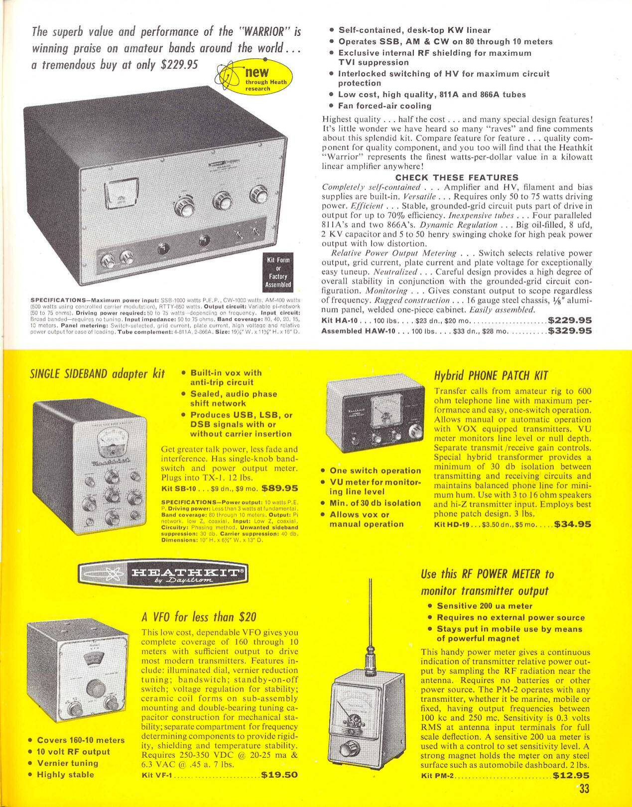 Figure 6 — The HA-10 "Warrior" kilowatt linear amplifier at $229.95 in May 1961, with its four 811A triodes, and below it the accessories of the Apache station: the SB-10 adapter, the HD-19 hybrid phone patch…