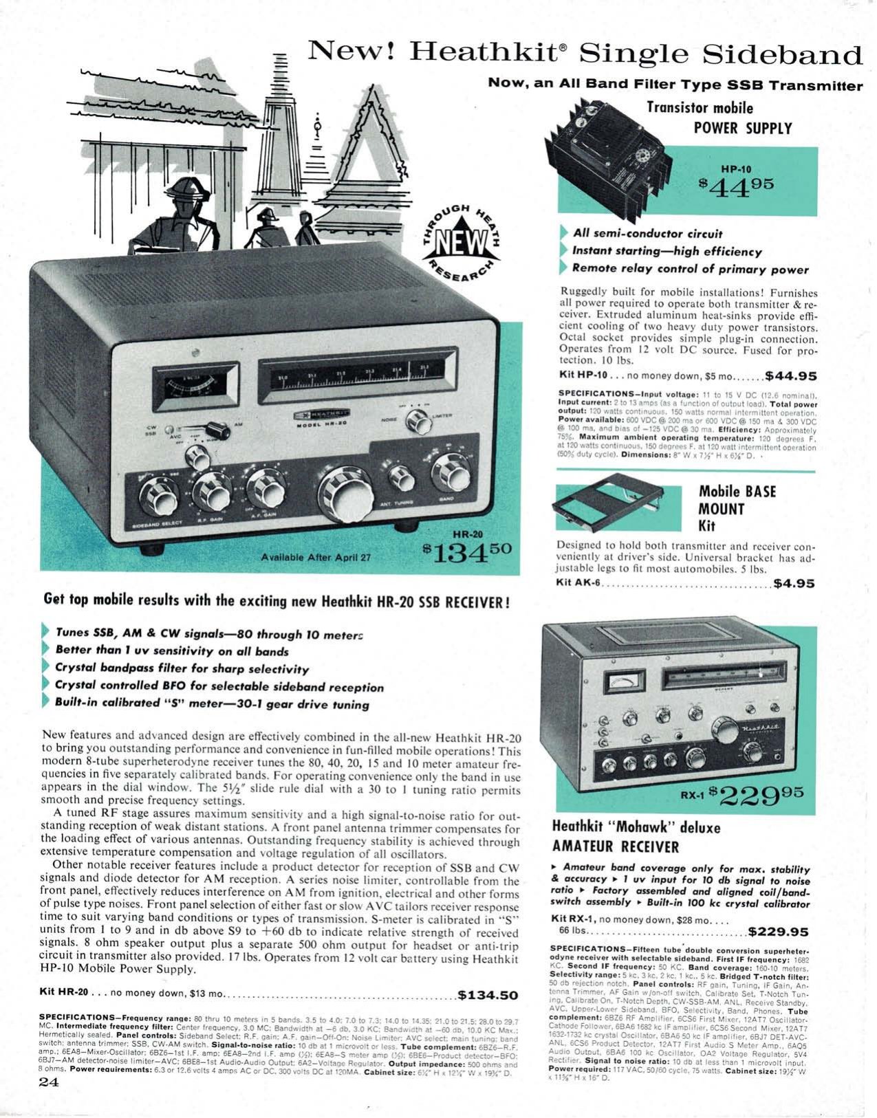 Figure 10 — "New! Heathkit Single Sideband Mobile Gear" in March 1962: the HX-20 filter-type SSB mobile transmitter and HR-20 receiver, with the HP-10 mobile and HP-20 fixed power supplies. The tribal names ar…