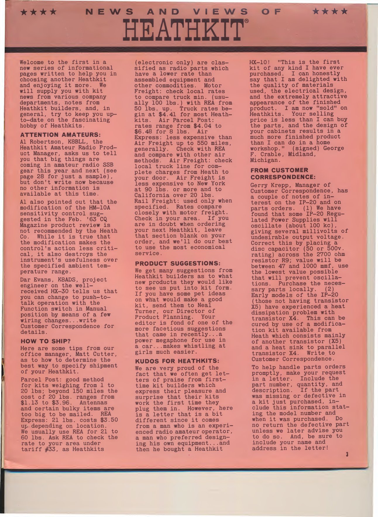 Figure 14 — "News and Views of Heathkit", May 1963: Al Robertson, K8BLL, Heath's amateur radio product manager, promises "big things... in amateur radio SSB gear this year and next", and Dar Evans, K8ADS, proj…