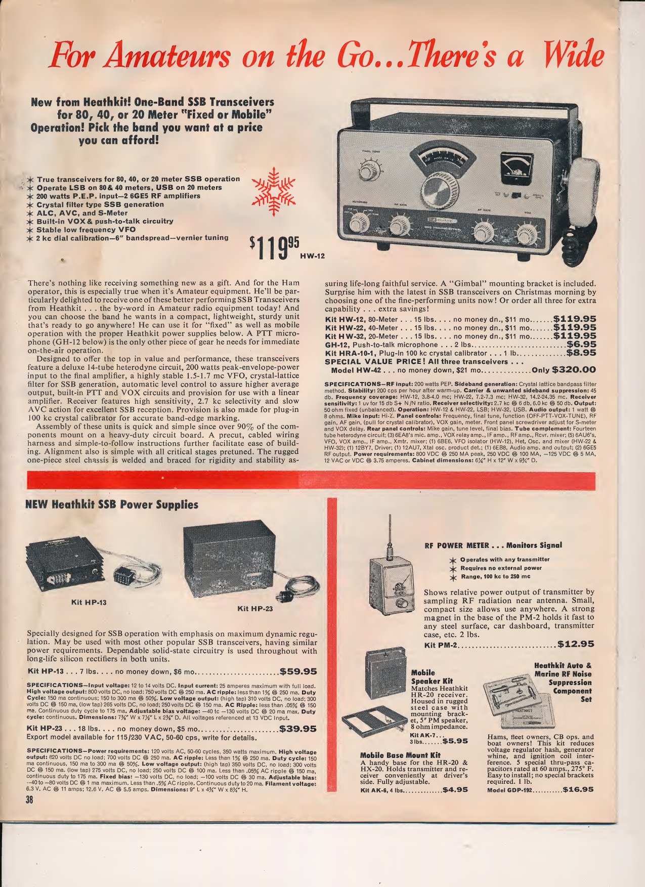 Figure 13 — "For Amateurs on the Go... There's a Wide Choice": the HW-12, HW-22 and HW-32 "Singlebander" SSB transceivers at $119.95 each in catalogue 80-34 (late 1963), with the HP-13 mobile and HP-23 fixed-s…