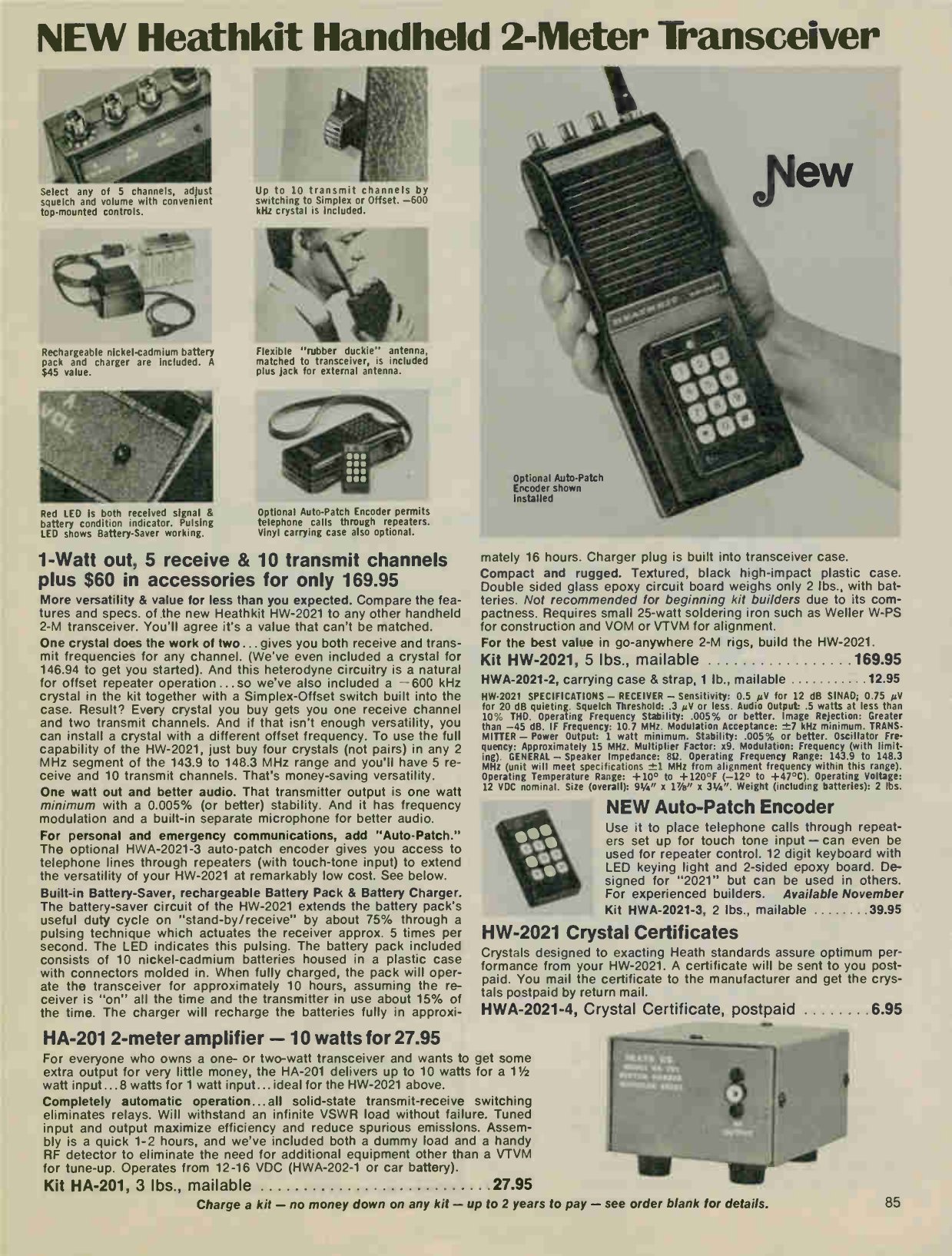 Figure 3 — "New Heathkit Handheld 2-Meter Transceiver": the HW-2021 in the Christmas 1975 catalogue, one watt on five crystal channels with a plug-in touch-tone autopatch encoder, and the HA-201 amplifier.