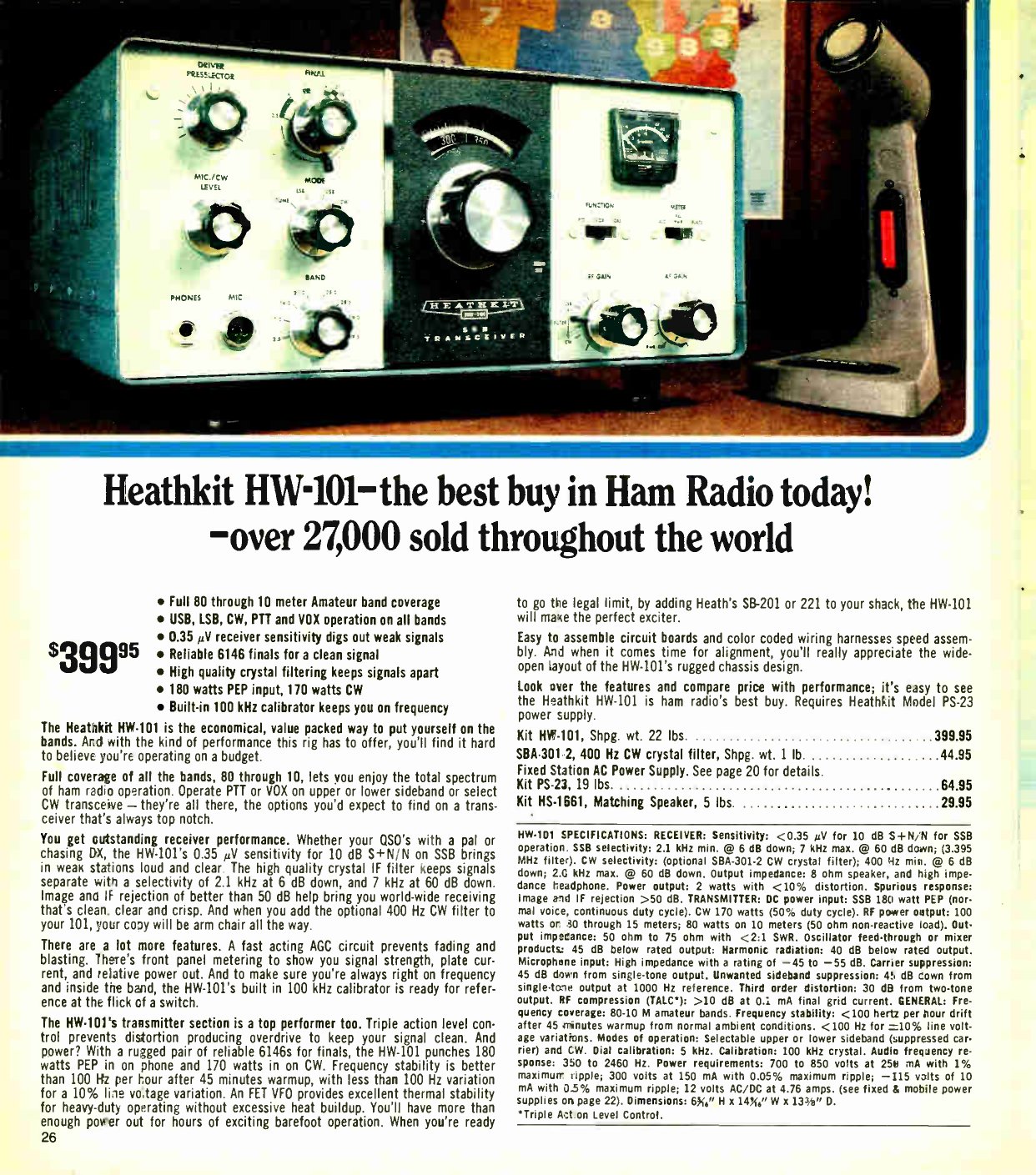 Figure 11 — "Heathkit HW-101 — the best buy in Ham Radio today! — over 27,000 sold throughout the world": the tube transceiver of 1970, still the centre of Heath's HF line in Fall 1979 at $399.95. The claim ro…