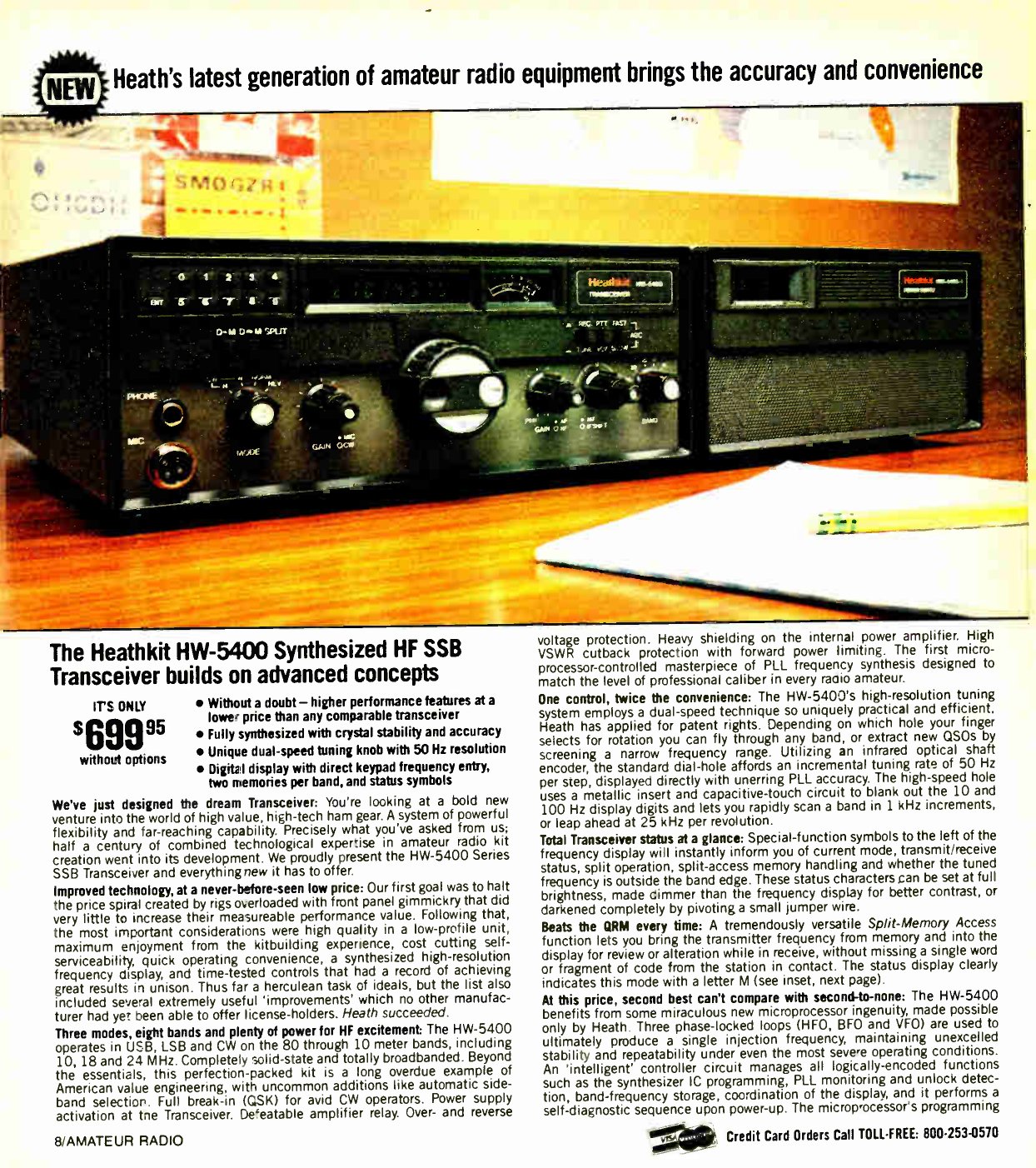 Figure 13 — "Heath's latest generation of amateur radio equipment": the HW-5400 synthesised HF transceiver at $699.95 in Winter 1983, with its power supply and speaker. It was the last Heath-designed HF transc…