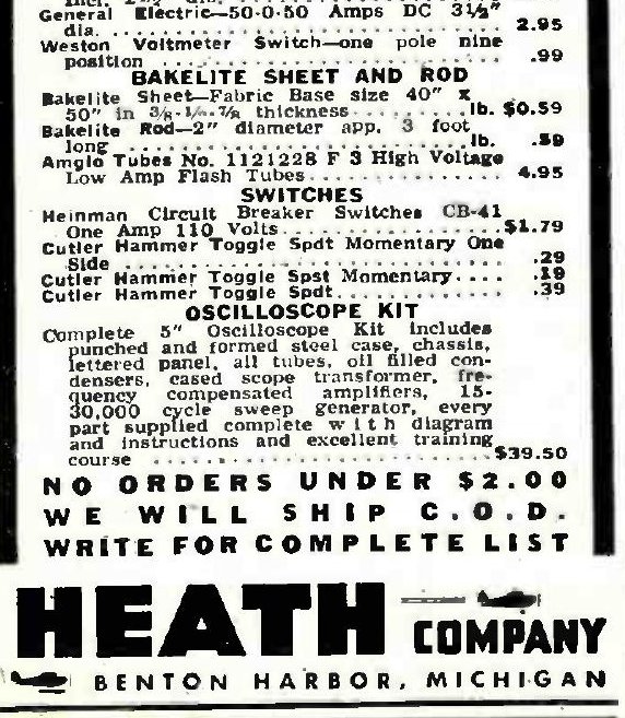 Figure 14 — The first advertisement for the first Heathkit: an unnamed "Complete 5-inch Oscilloscope Kit" for $39.50, at the foot of a column of surplus bargains in Radio News, July 1947. The kit had no model …