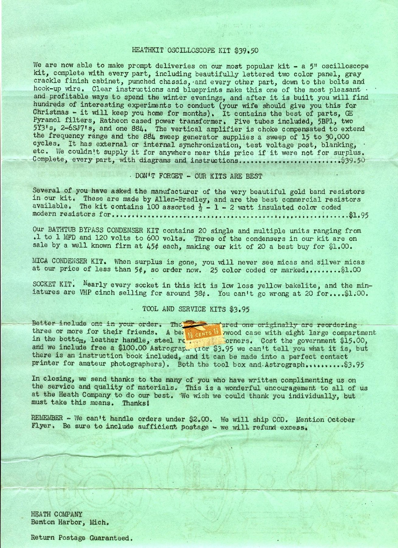 Figure 15 — Page two of the Heath October flyer of 1947, typewritten on green paper: "Heathkit Oscilloscope Kit $39.50 ... our most popular kit," listed with bags of surplus resistors, bathtub condensers and s…