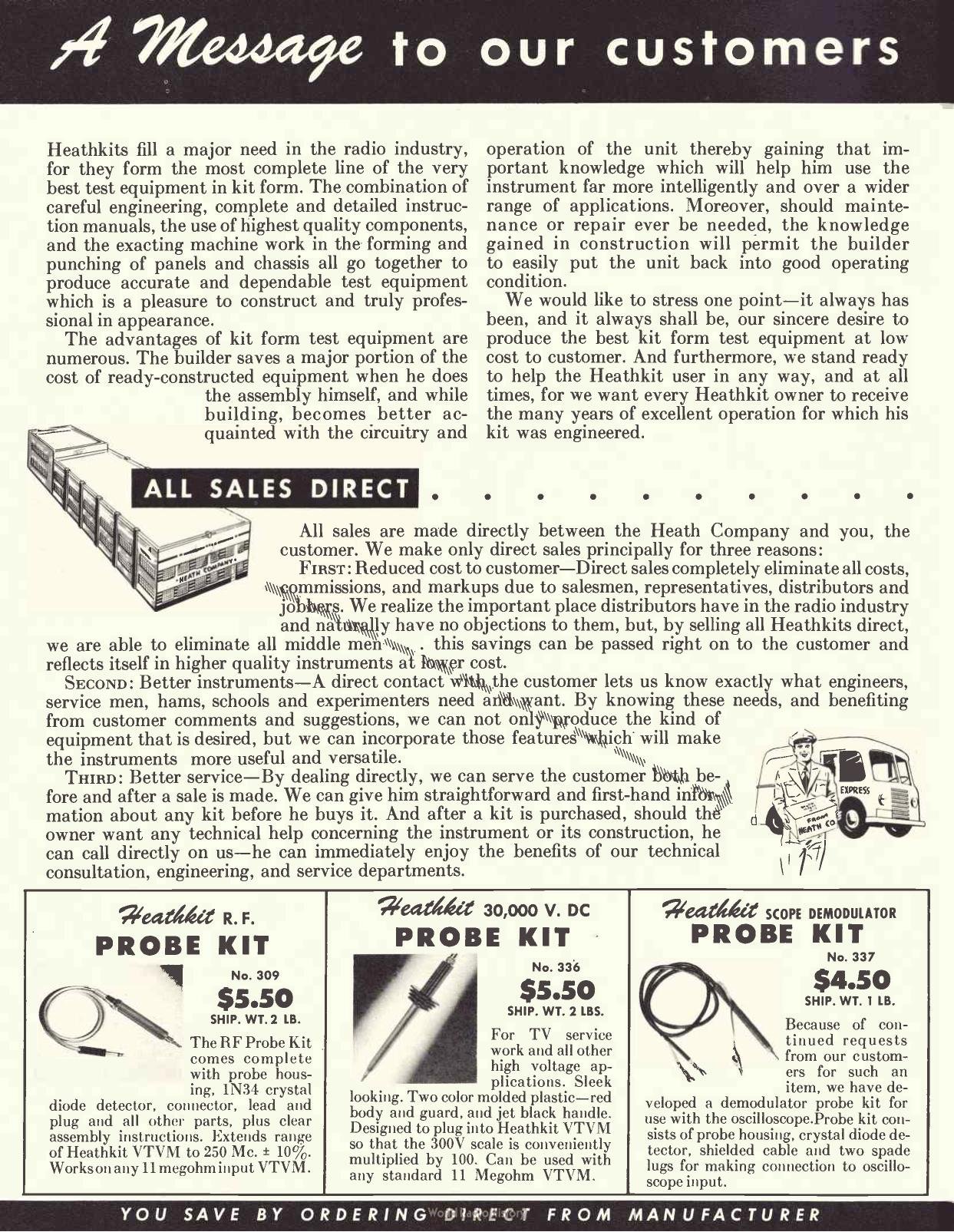 Figure 6 — "A Message to our customers" from the 1952 Heathkit catalogue, with the "All Sales Direct" statement of policy: no salesmen, representatives or distributors, and three reasons why. Heath kept to di…