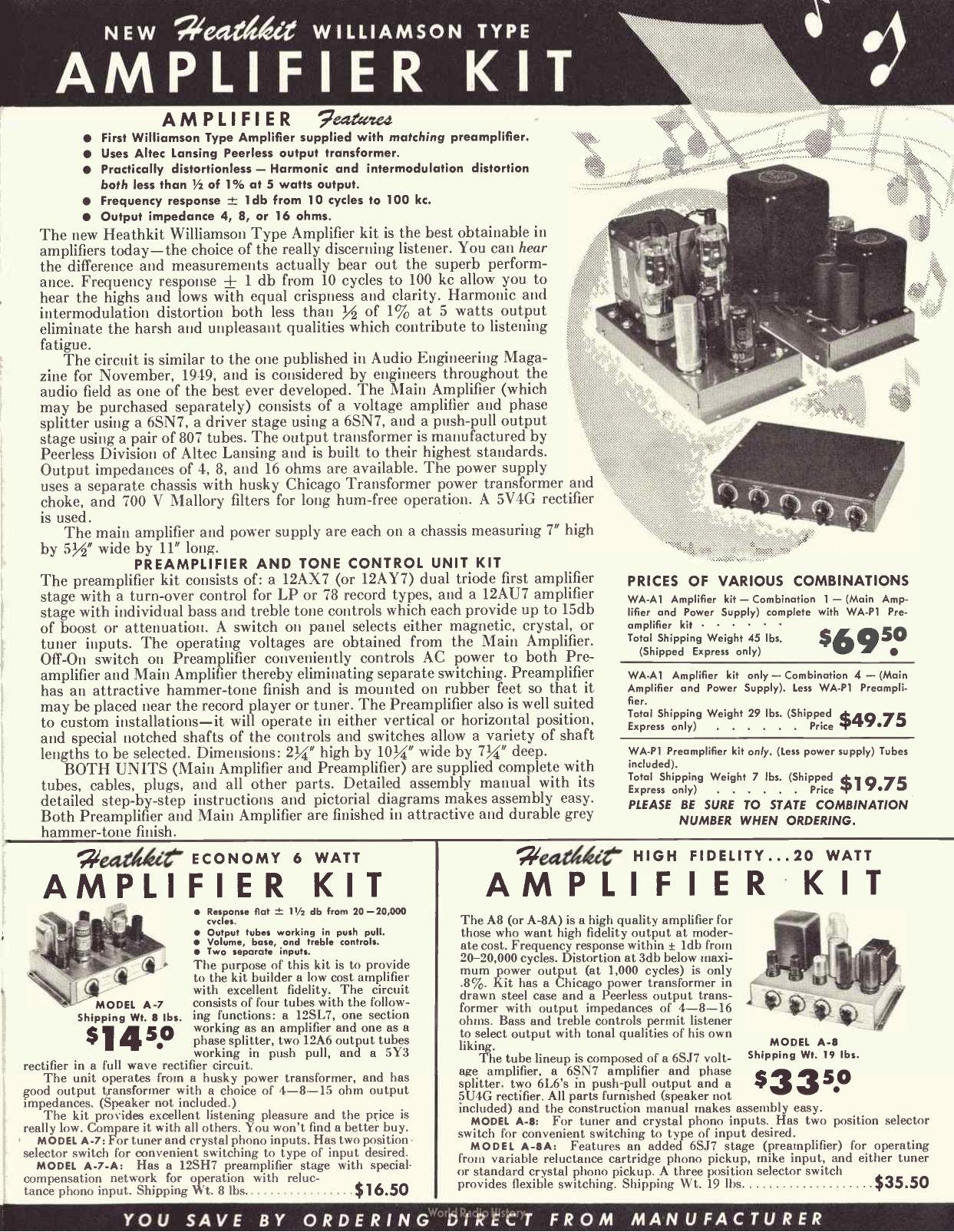 Figure 11 — The "new Heathkit Williamson type amplifier kit" in the 1952 catalogue, with its matching preamplifier and the cheaper A-7 and A-8 amplifiers below. The Williamson circuit, published in Wireless Wo…