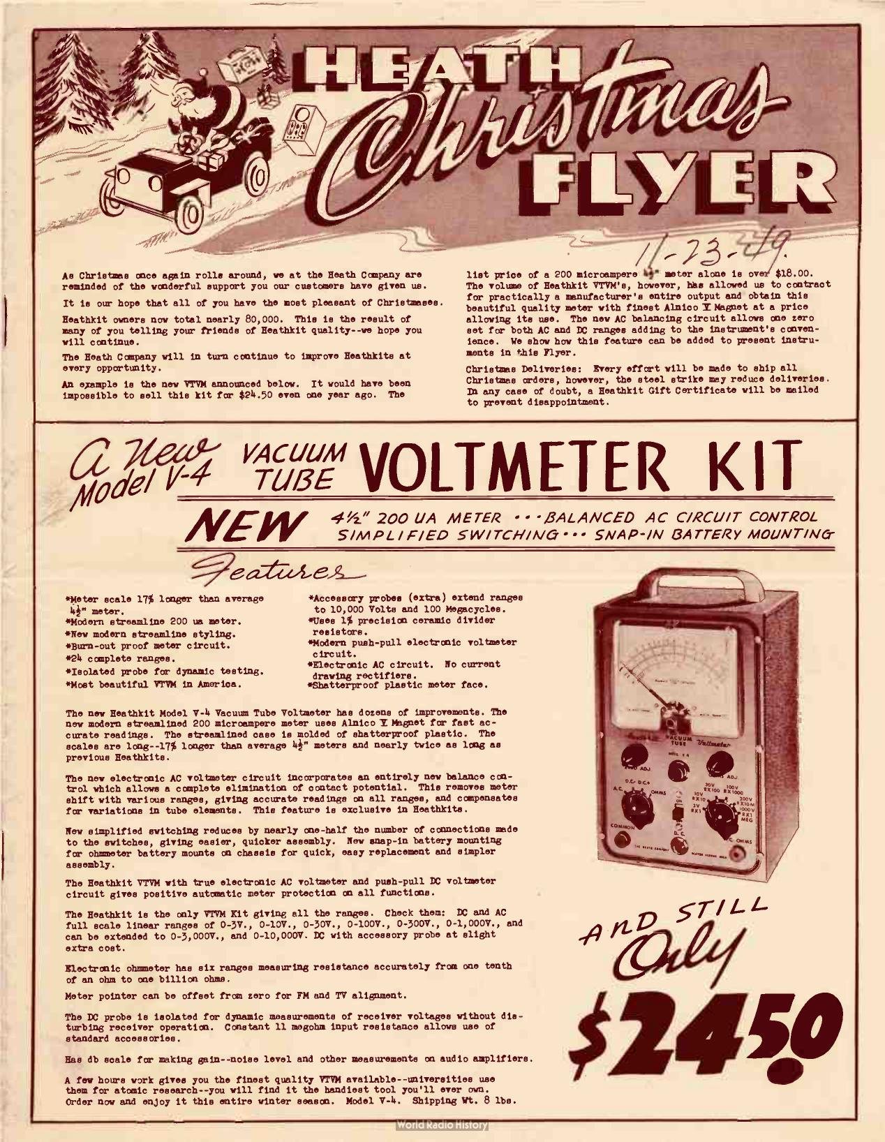 Figure 5 — The Heath Christmas Flyer of 1949 announcing the Model V-4 vacuum-tube voltmeter, "and still only $24.50." Heath ran the same price through every VTVM from the V-1 of 1947 to the V-7A of the late 1…