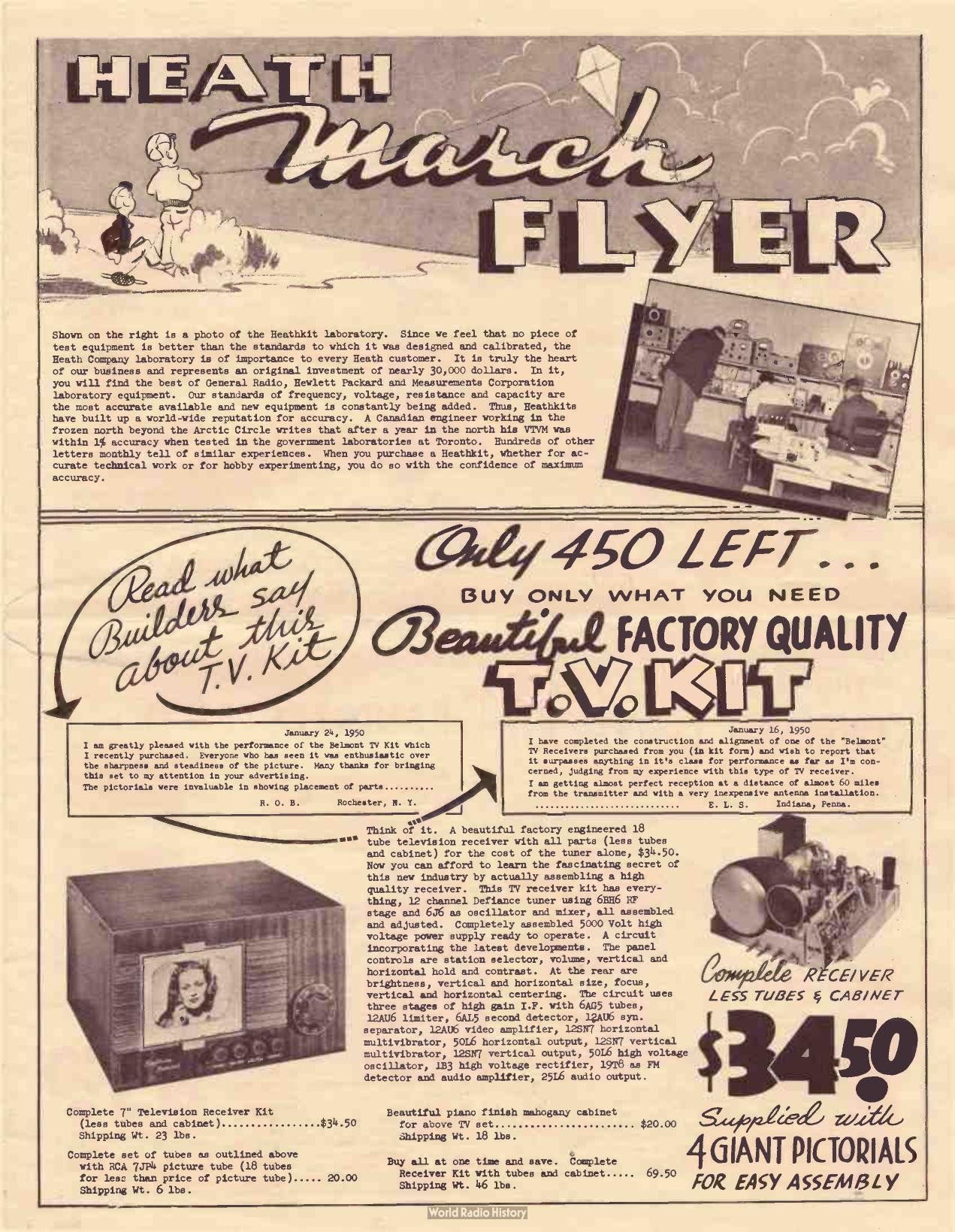 Figure 9 — The Heath March Flyer of 1950: "Only 450 left ... Beautiful factory quality T.V. kit," an 18-tube television receiver kit without tubes or cabinet for $34.50, with four giant pictorials for assembl…