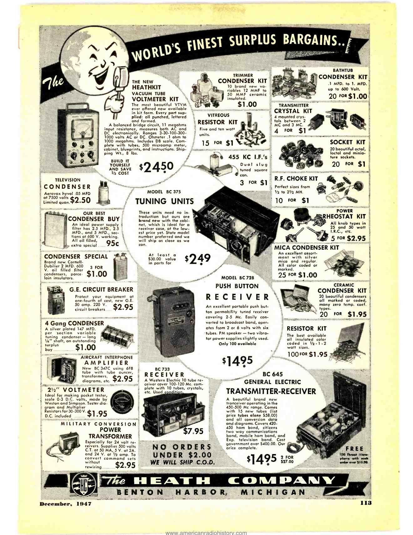 Figure 3 — Heath's "World's Finest Surplus Bargains" page from Radio News, December 1947, with the new Heathkit vacuum-tube voltmeter at upper left at $24.50. Condenser kits, resistor kits, surplus receivers …